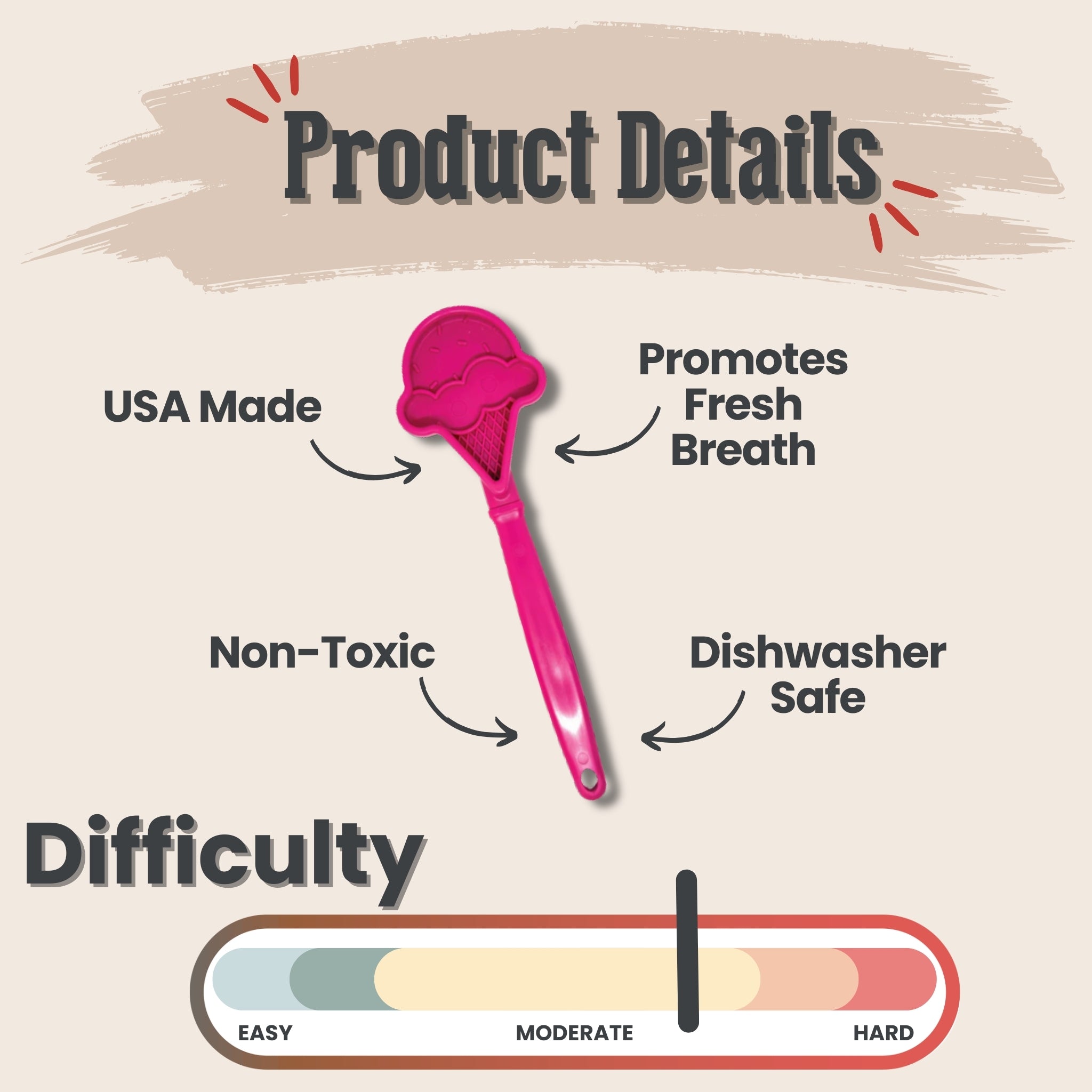 Product details and difficulty rating of a Farmto-pettreats pink ice cream lick stick with text on a beige background.