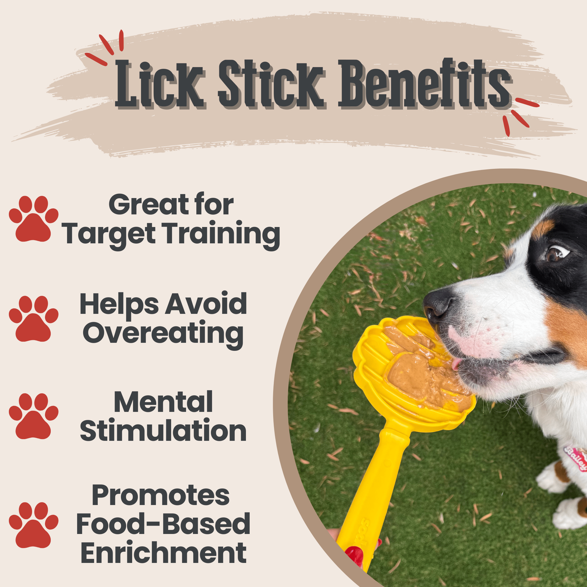 A Dog licking a Farmto-pettreats yellow beehive lick stick with text listing benefits on a beige background.