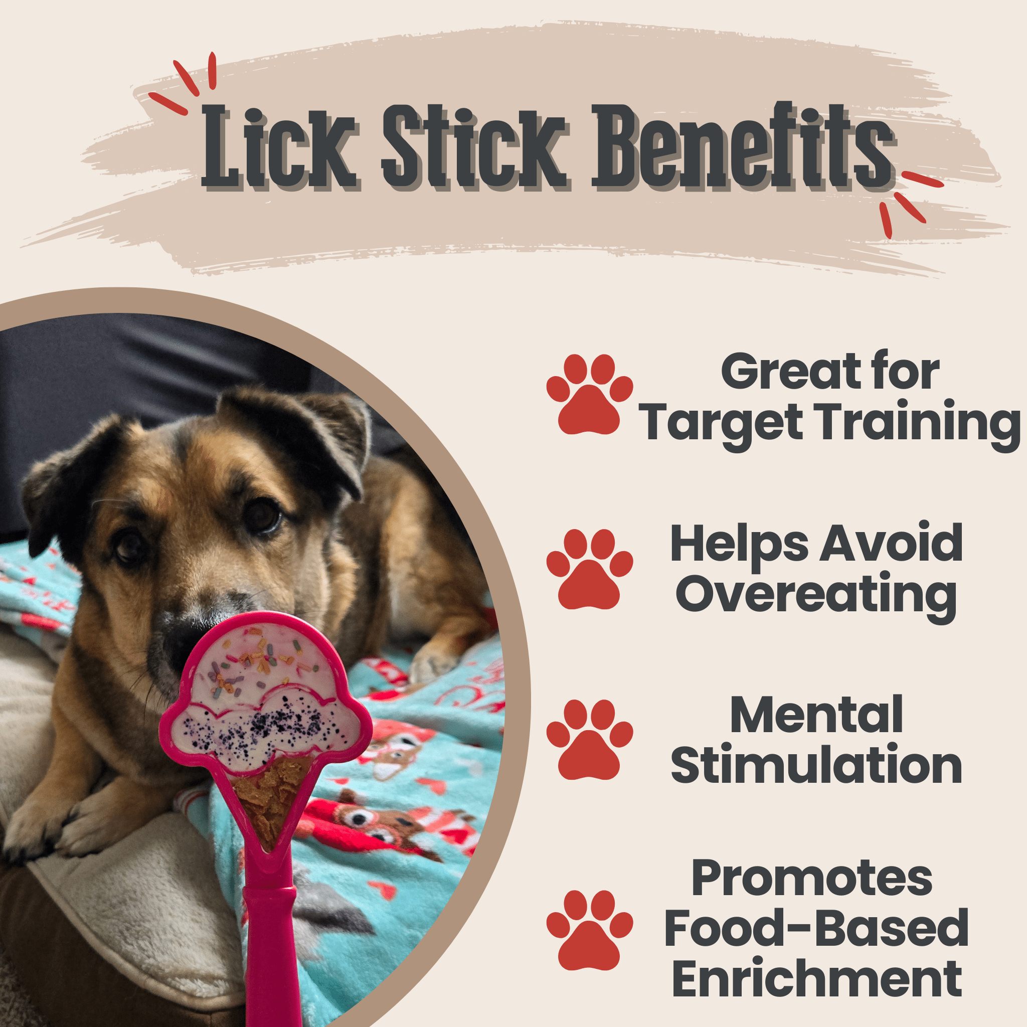 Dog with a Farmto-pettreats pink ice cream lick stick and text about its benefits on a beige background.