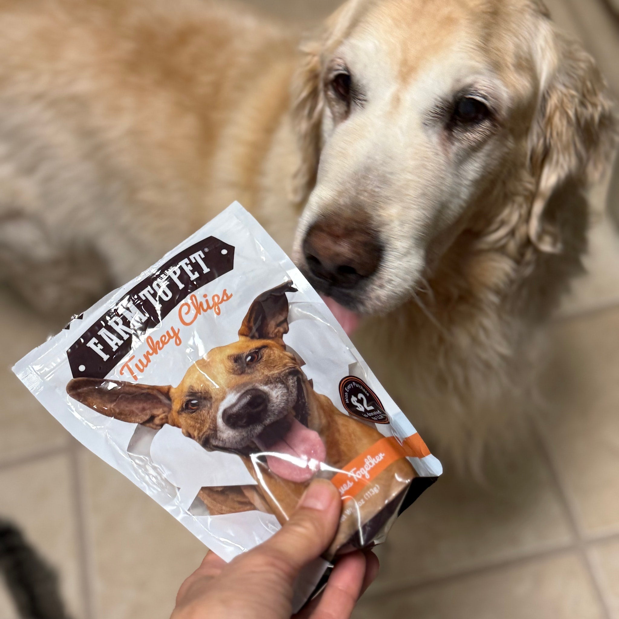 A dog looking at a package of Farmto-pettreats Live Like Roo turkey chips held by a person.