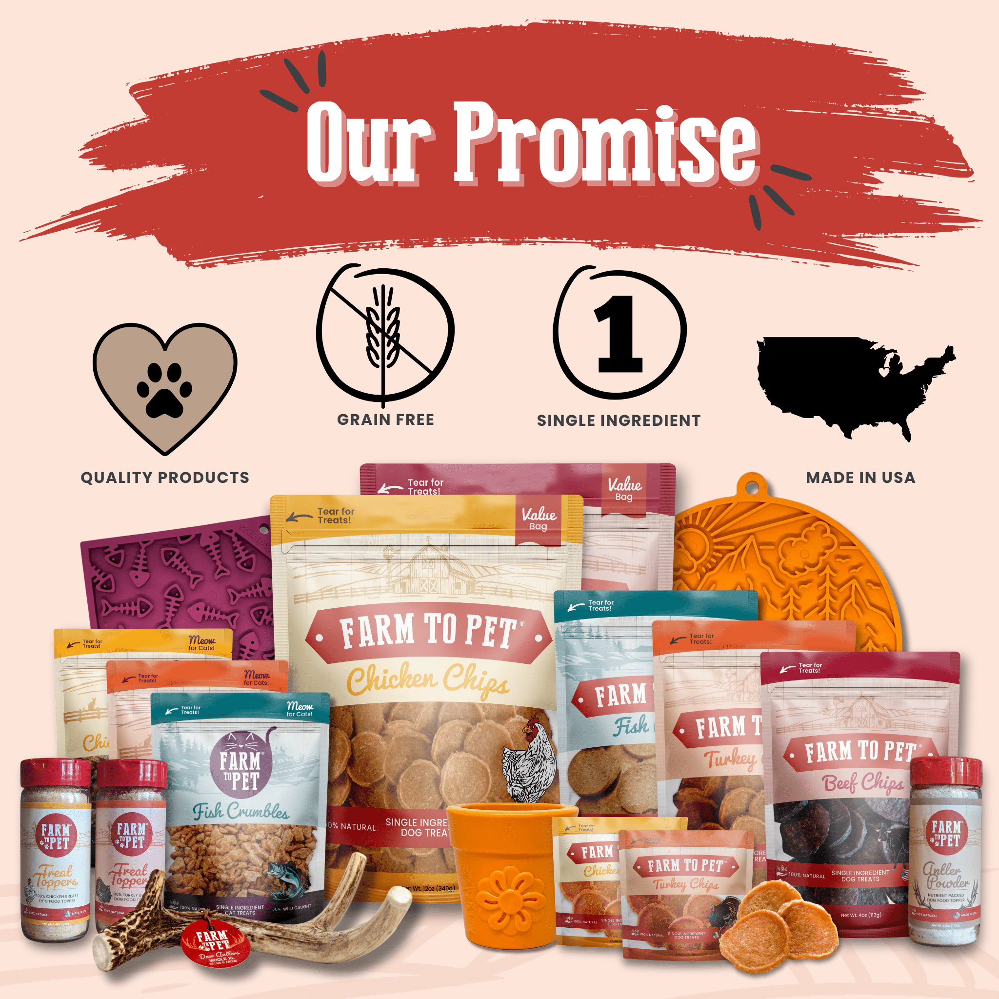 Farmto-pettreats collection of pet food products and accessories with branding elements and icons on a light background.