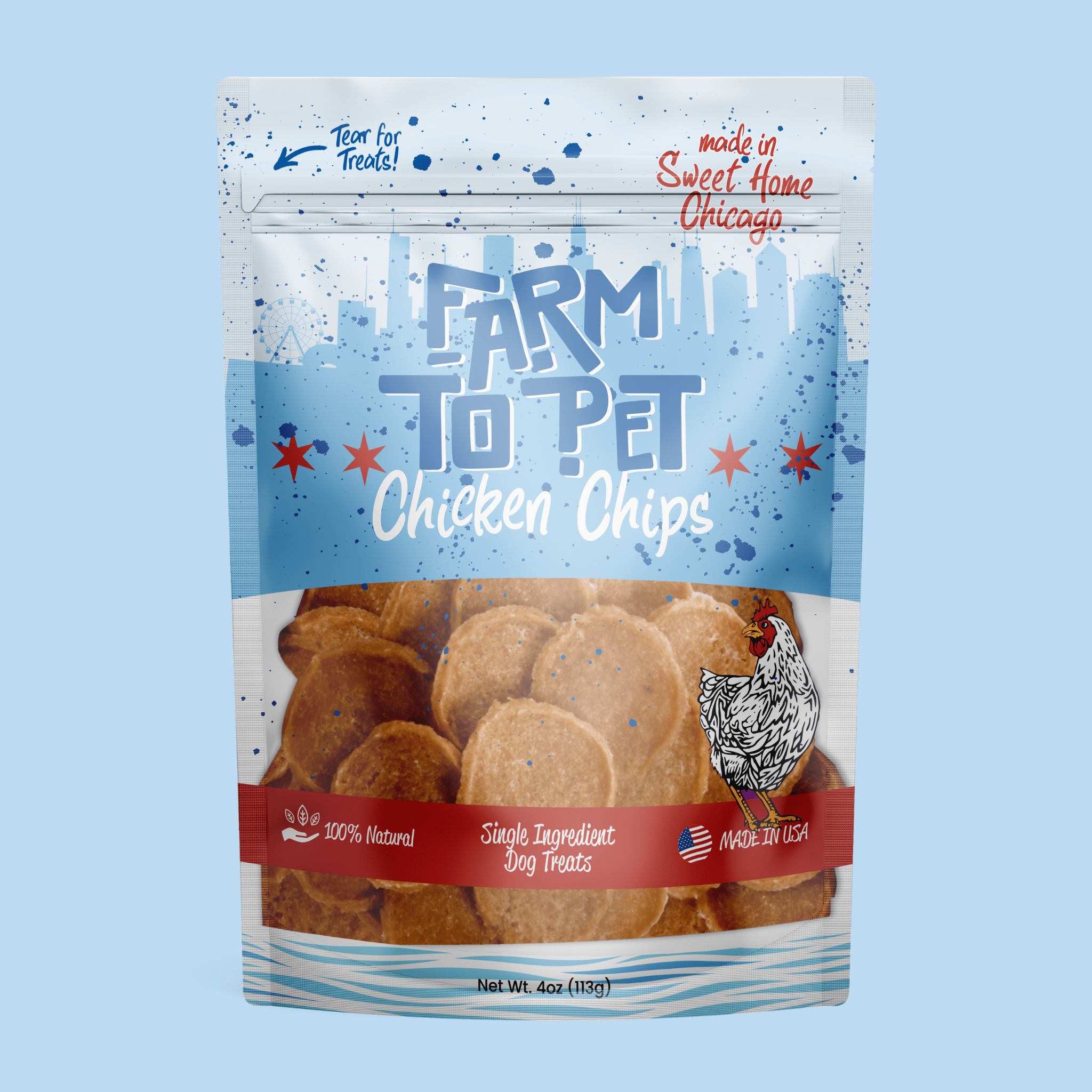 Package of Farmto-pettreats Chicago Chicken Chips with the city skyline on a light blue background