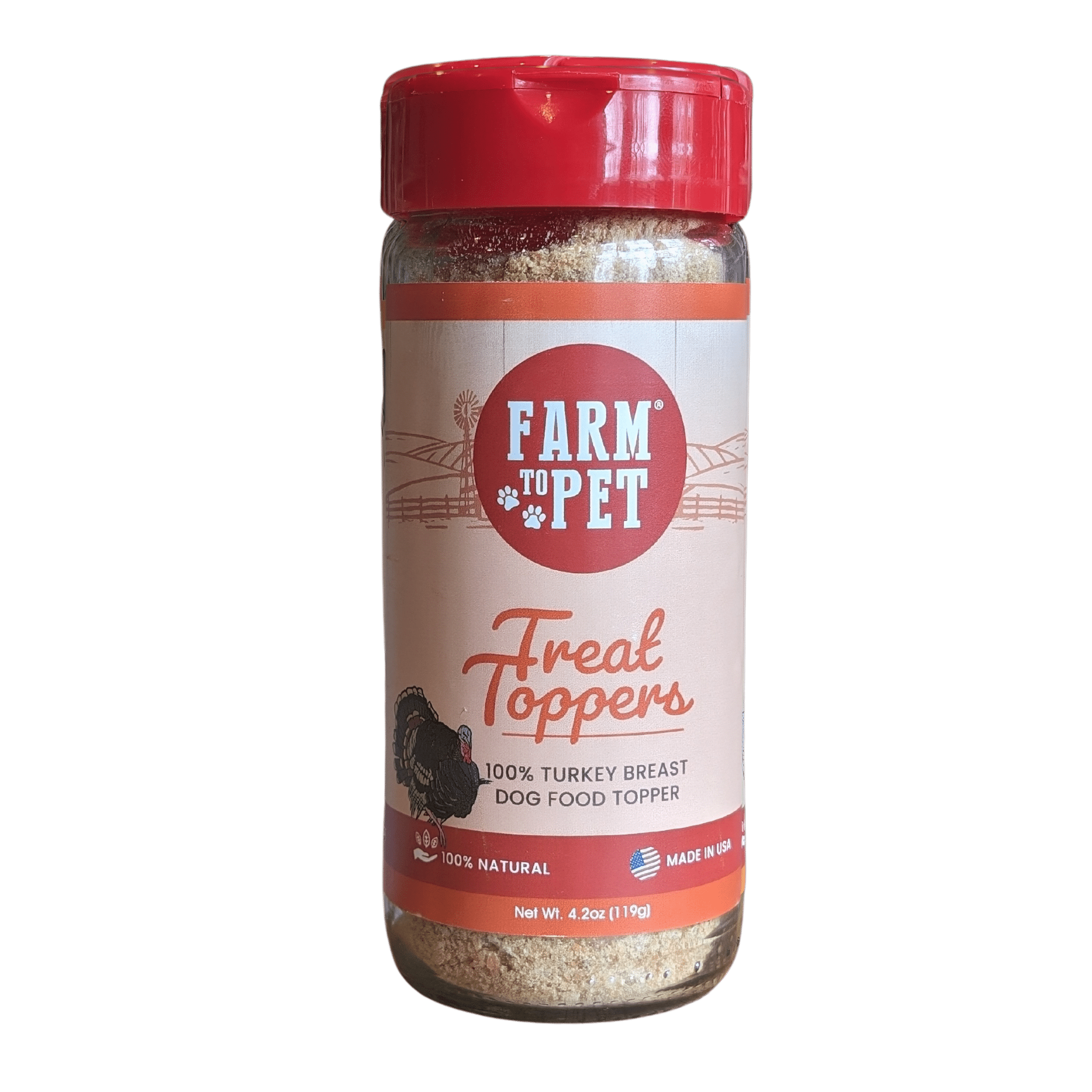  Front of Glass jar with  red screw top and shaker lid Farmto-pettreats Turkey Treat Dog Food Topper on a white background.