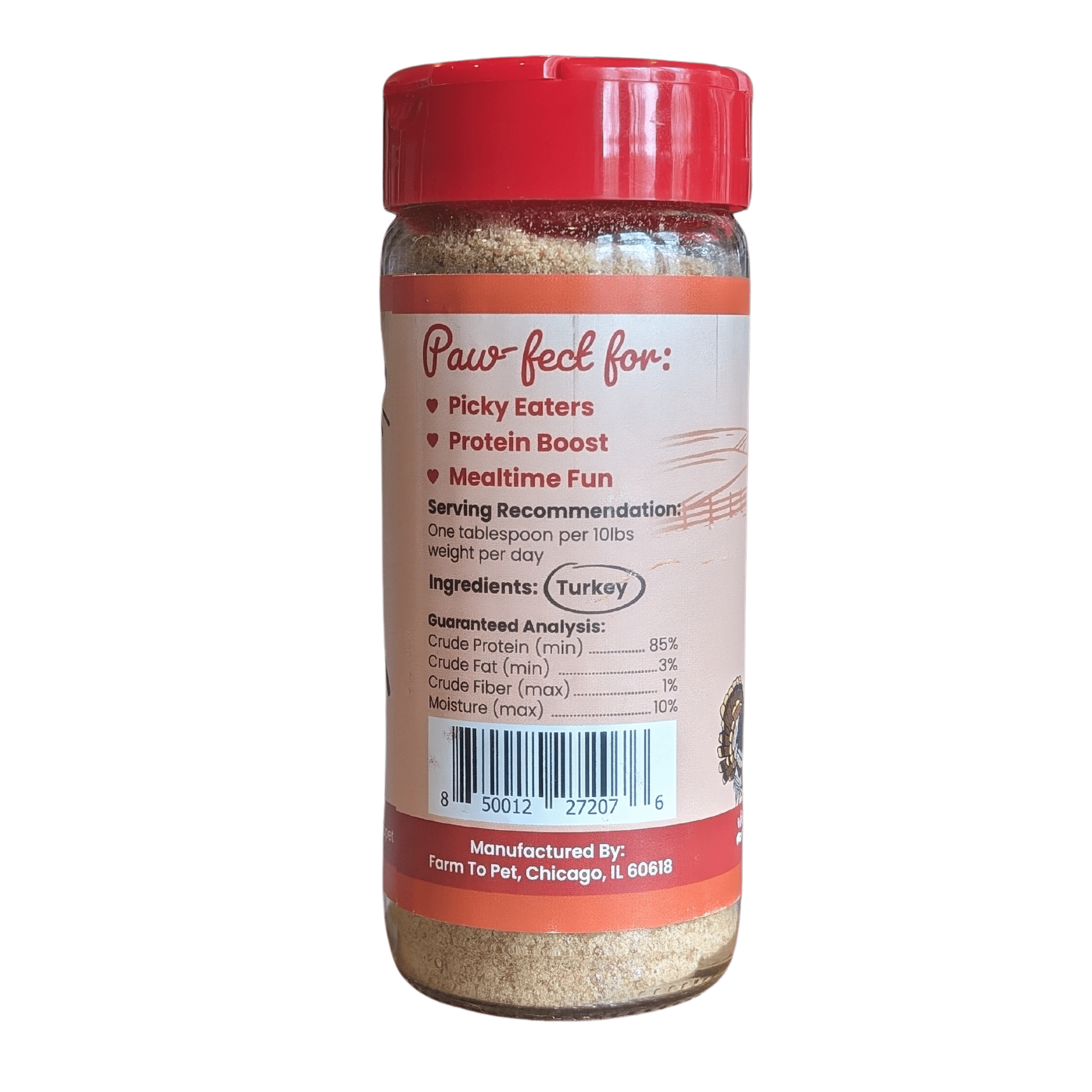 Back of Glass Jar plastic lid with shaker top with description of product  Farmto-pettreats Turkey Treat Dog Food Topper