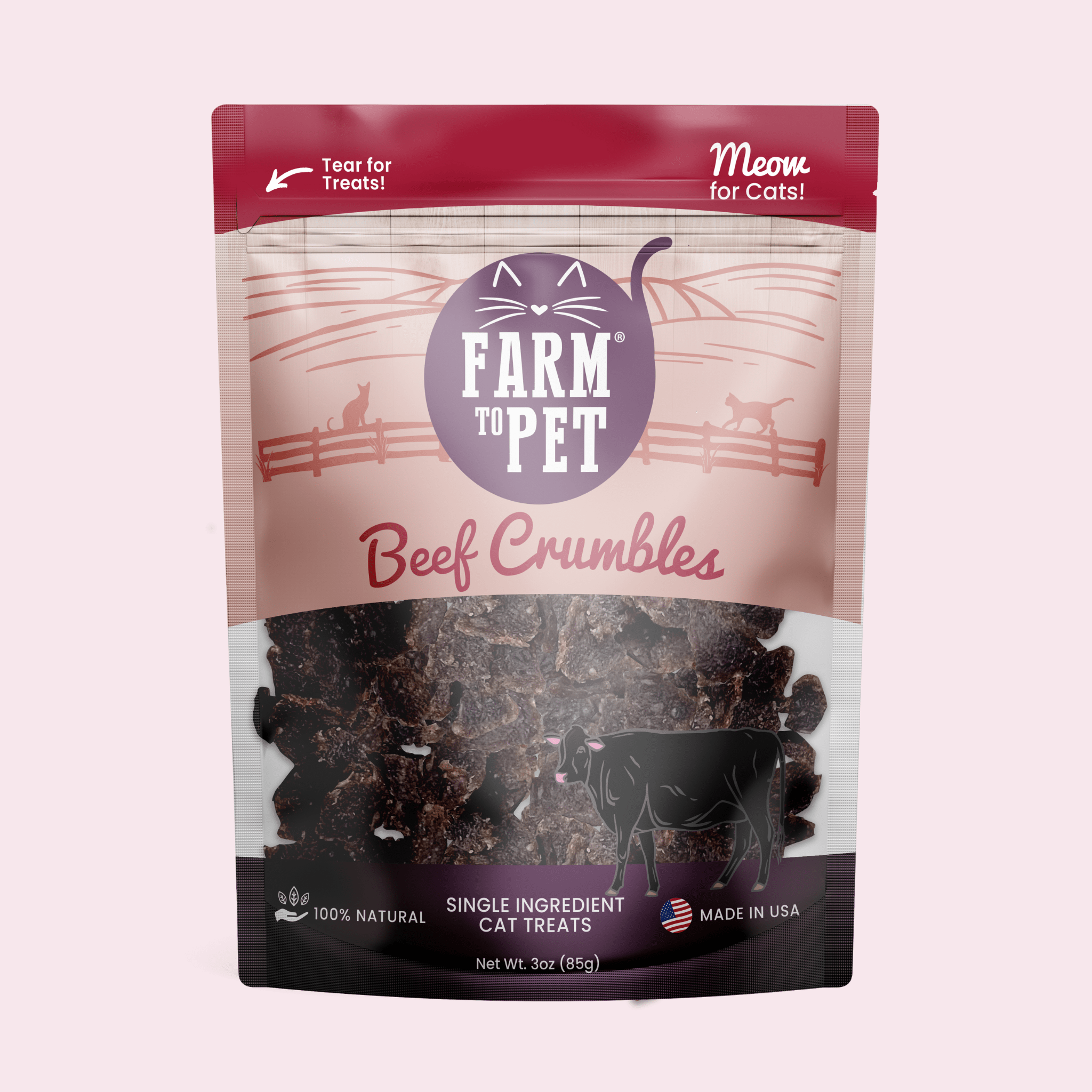 Package of Farmto-pettreats Beef Crumbles cat treats on a pink background front of bag.