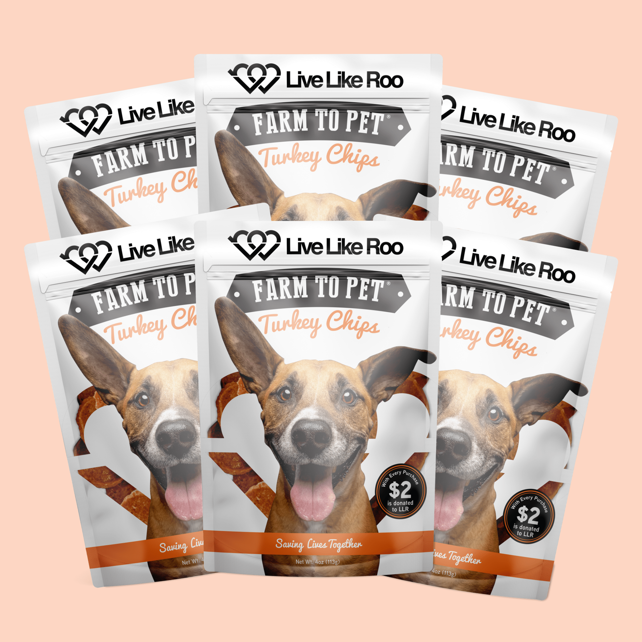 Multiple packages of Farmto-pettreats Turkey Chips with a dog's face on the packaging against a peach background.