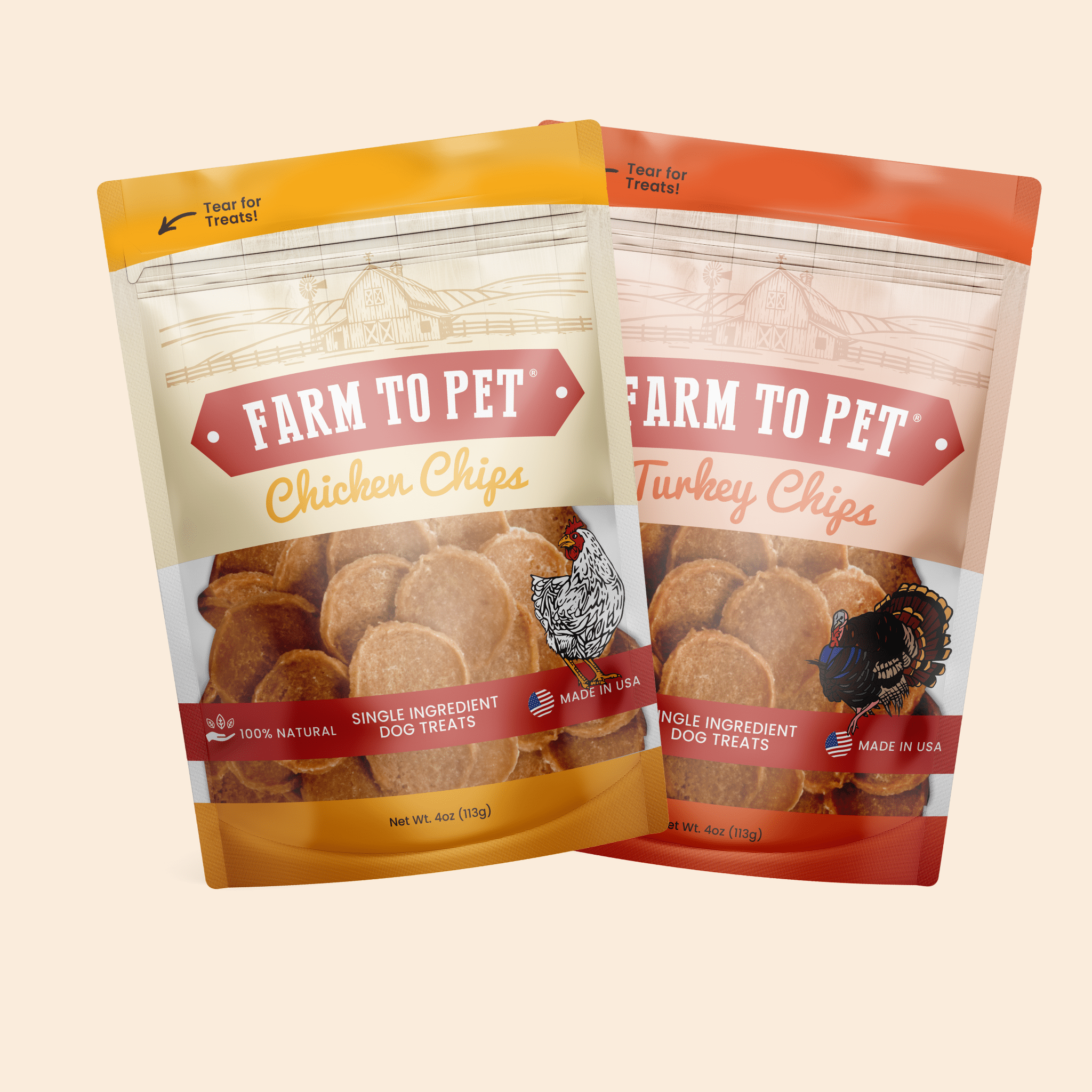 Packages of Farmto-pettreats Chicken Chips and Turkey Chips on a beige background.