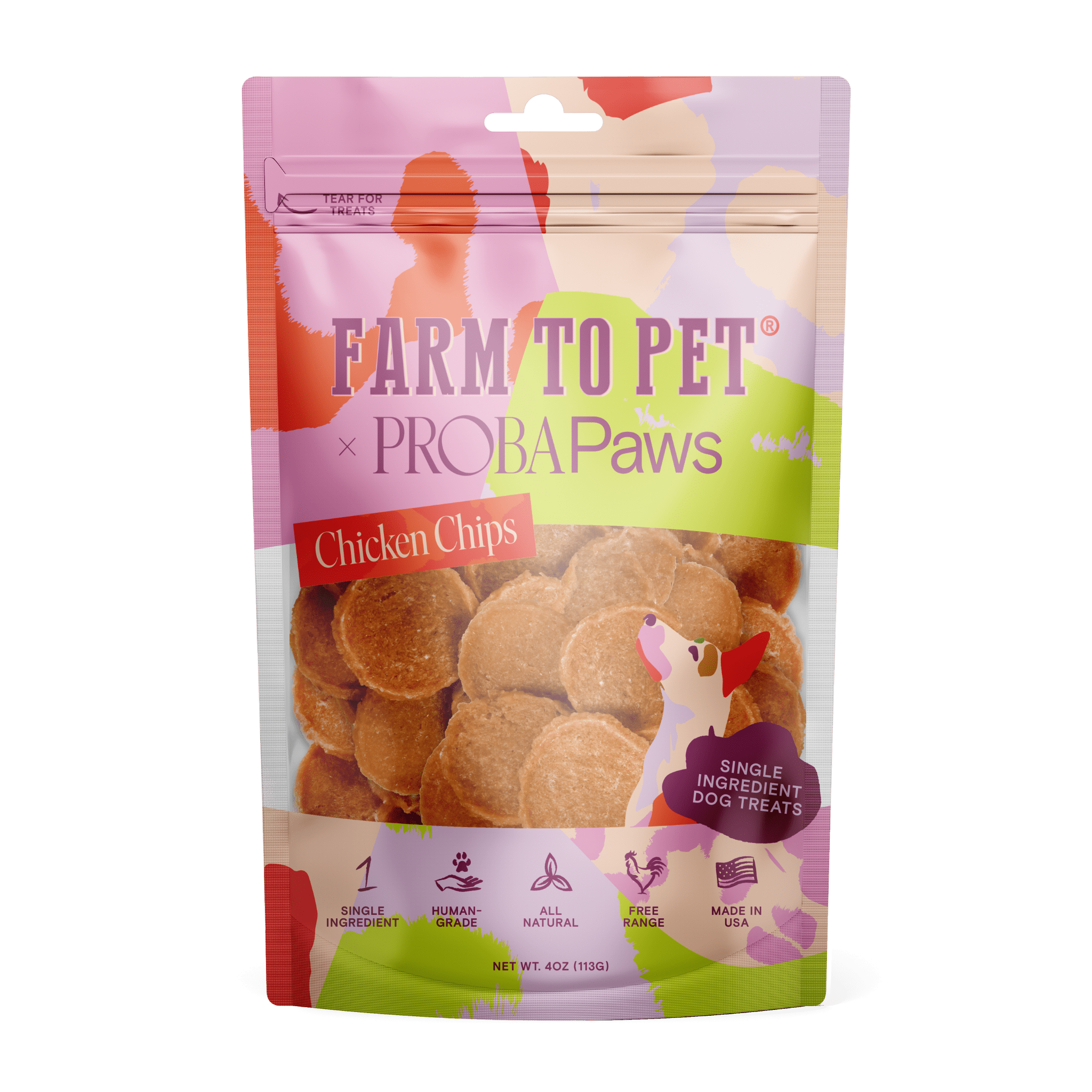 Product picture front of Farmto-pettreats ProbaPaws Chicken Chips on a white background.