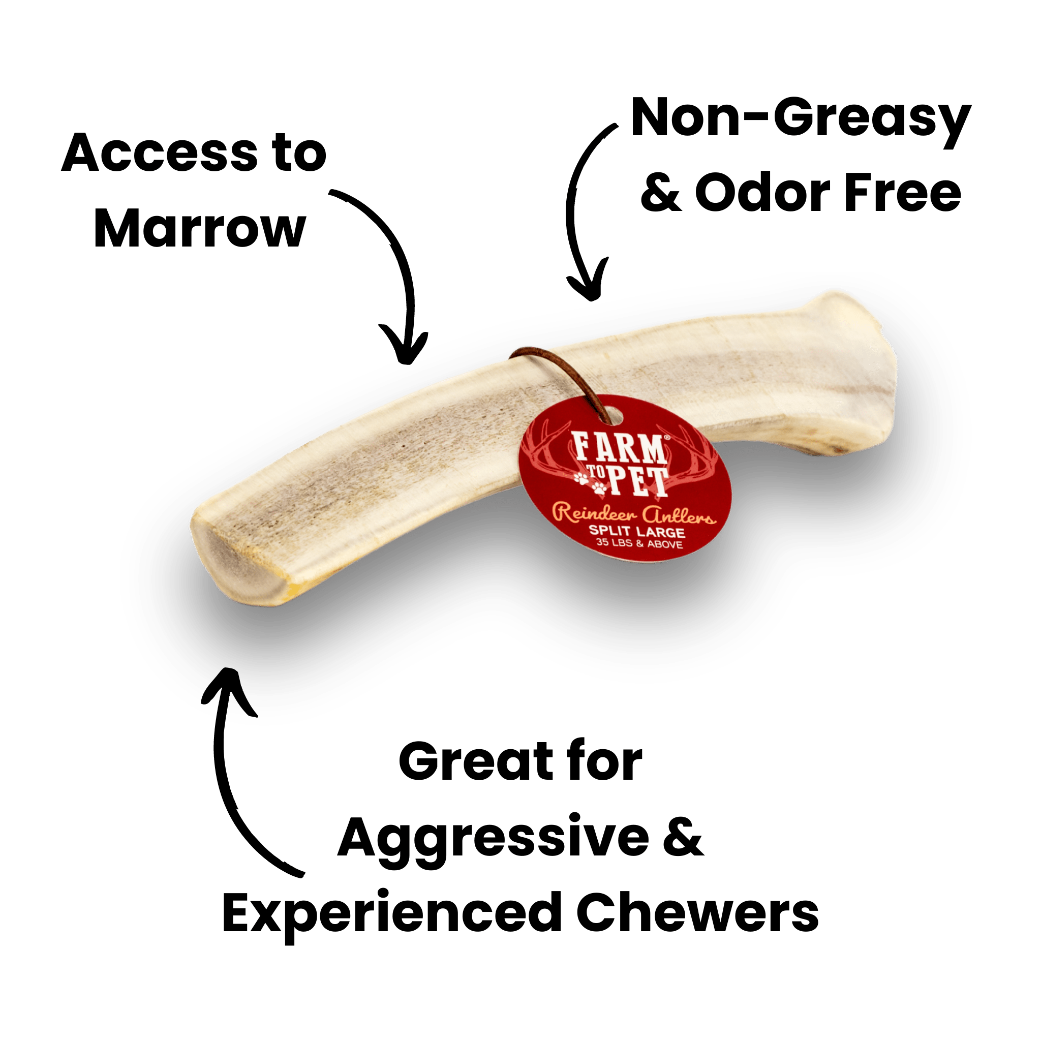 Infographic of a Farmto-pettreats Split Large Reindeer Antler on a white background.

