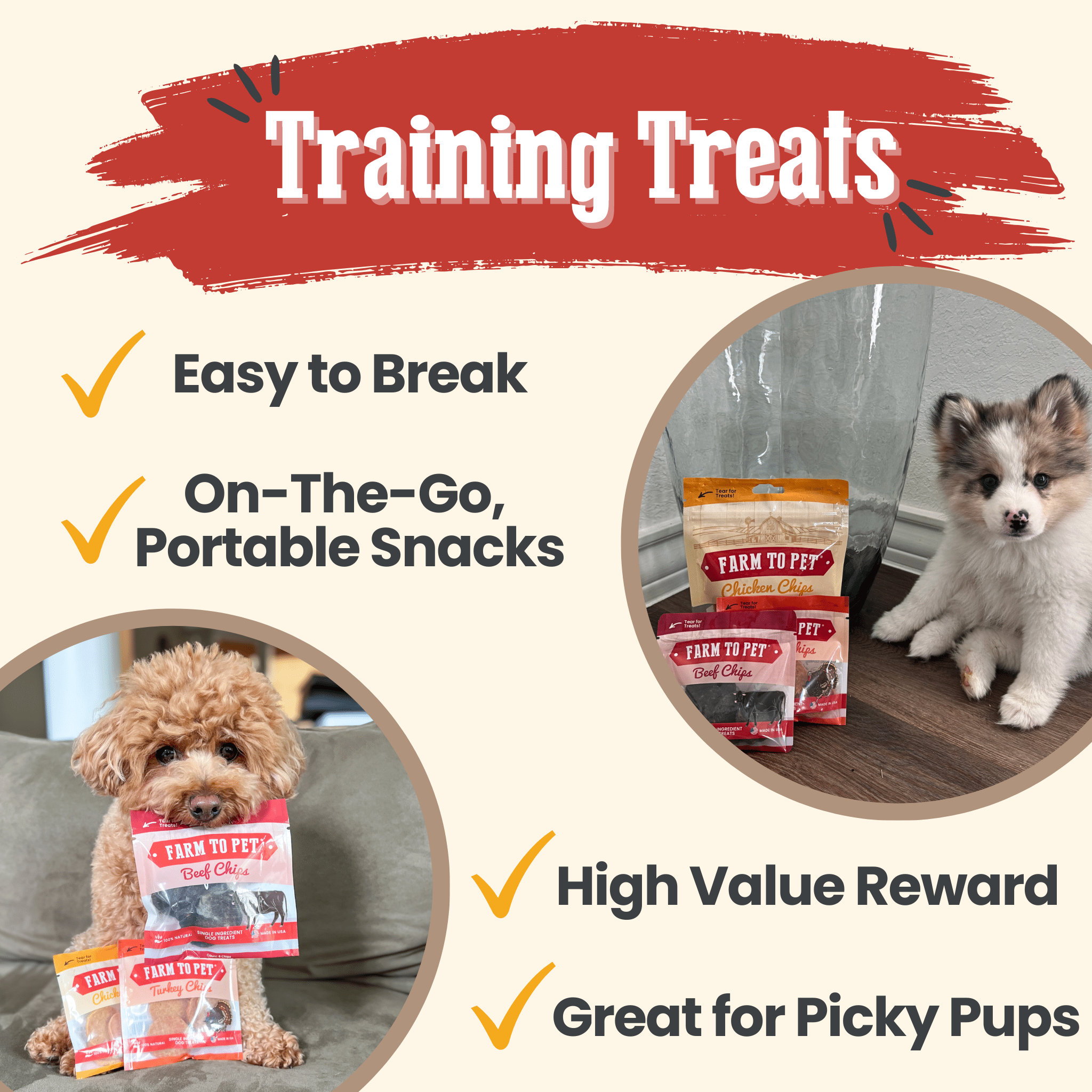Farmto-pettreats Dog training treats packaging with text highlighting features and a dog holding a treat and a husky puppy sitting by treats.