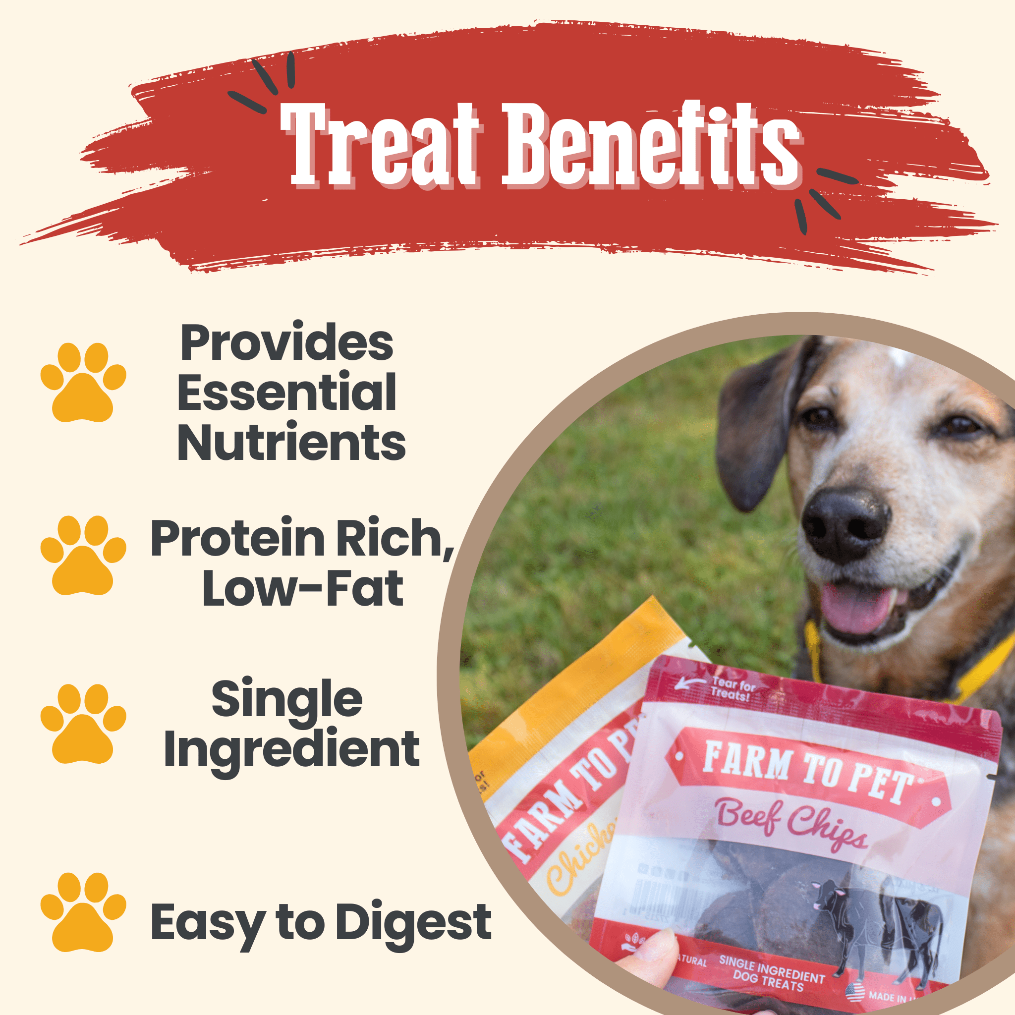Farmto-pettreats dog treat packaging with a dog holding treats and text about treat benefits on a beige background.