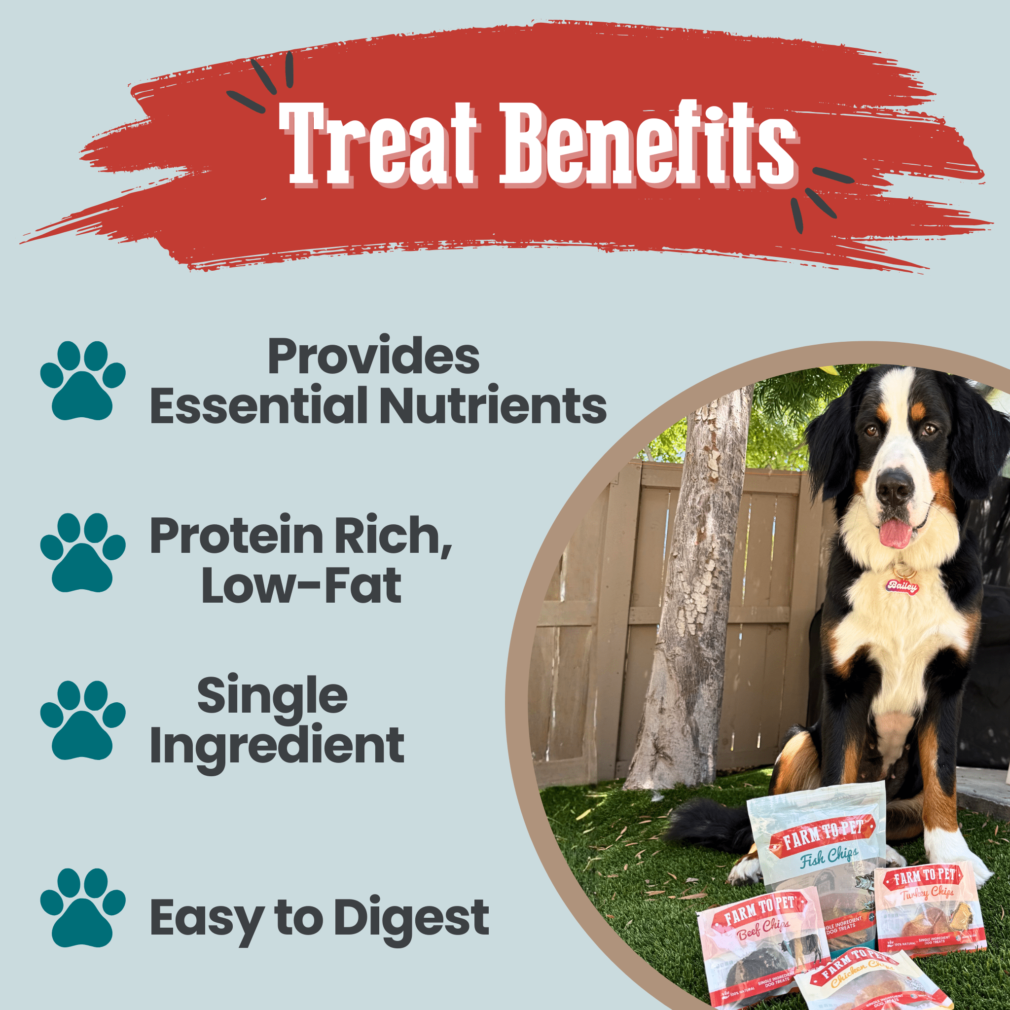 Farmto-pettreats dog treats with text highlighting benefits on a light blue background. A large dog sitting with treats in front of him.
