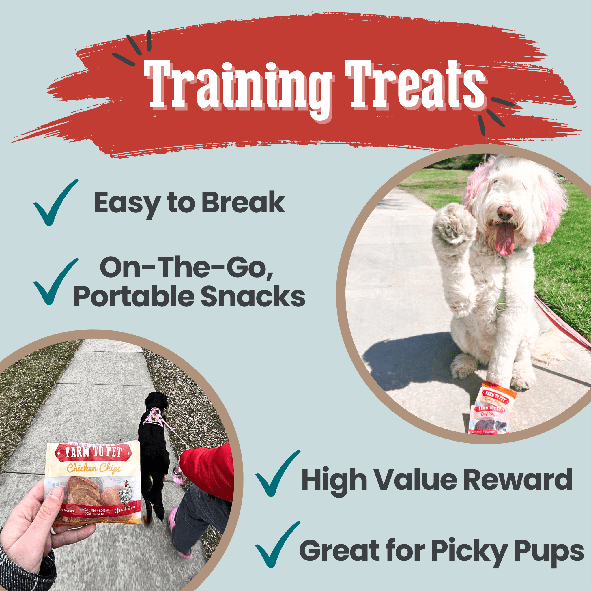 Farmto-pettreats dog training treats packaging with a dog on a leash and a person holding treats and a dog raising it's paw.
