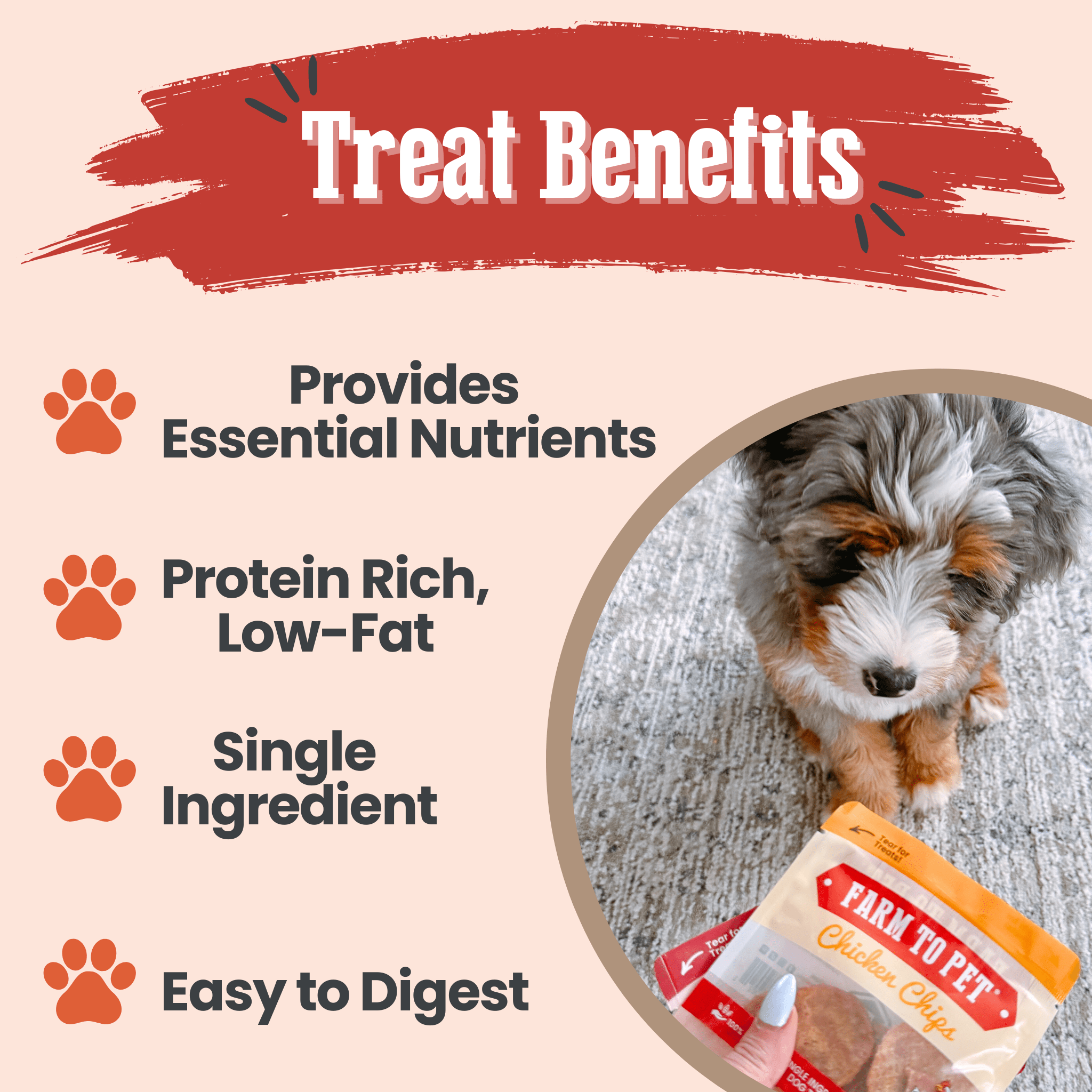 Farmto-pettreats dog treat packaging with text highlighting benefits on a beige background.