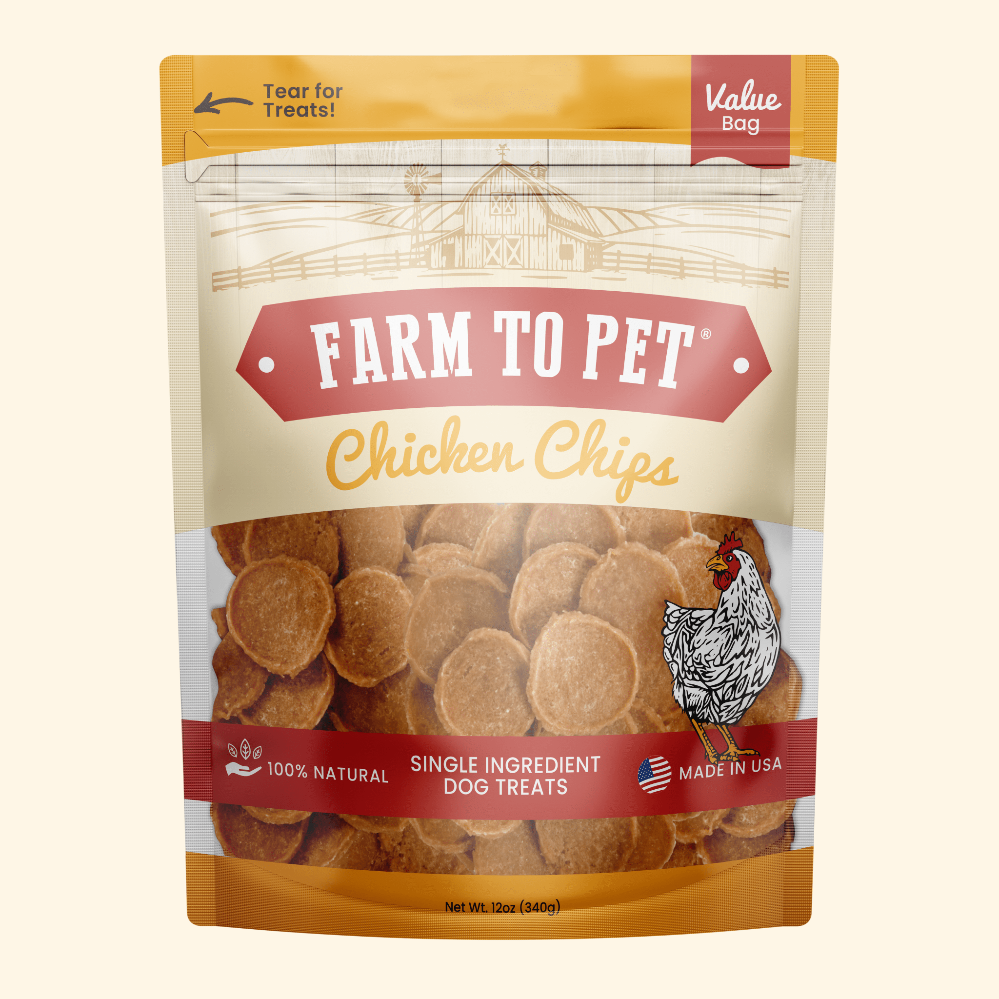 A Package of Farmto-pettreats Chicken Chips dog treats on a white background.
