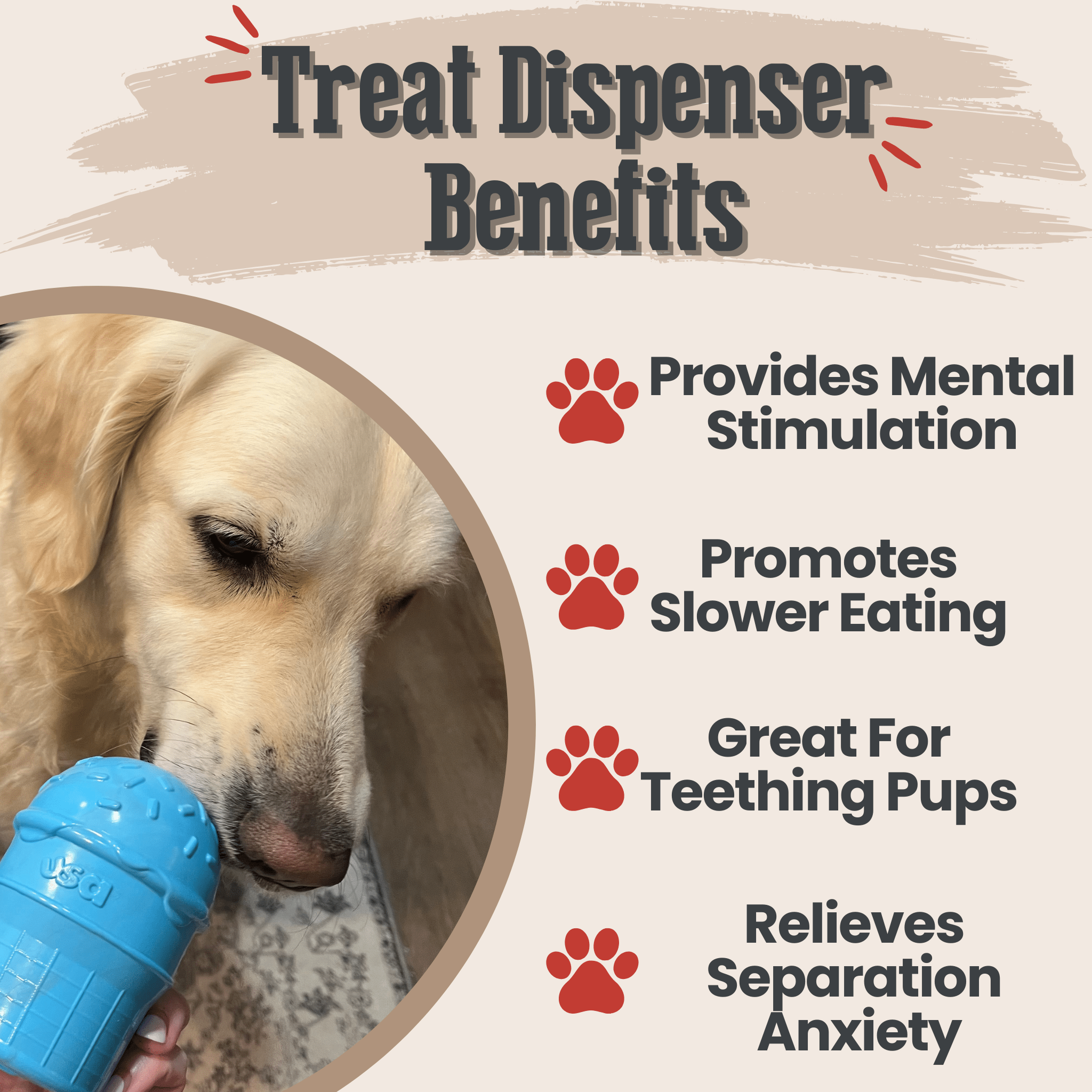 Dog using a Farmto-pettreats blue ice cream dog treat dispenser with text listing benefits on a beige background showing benefits.
