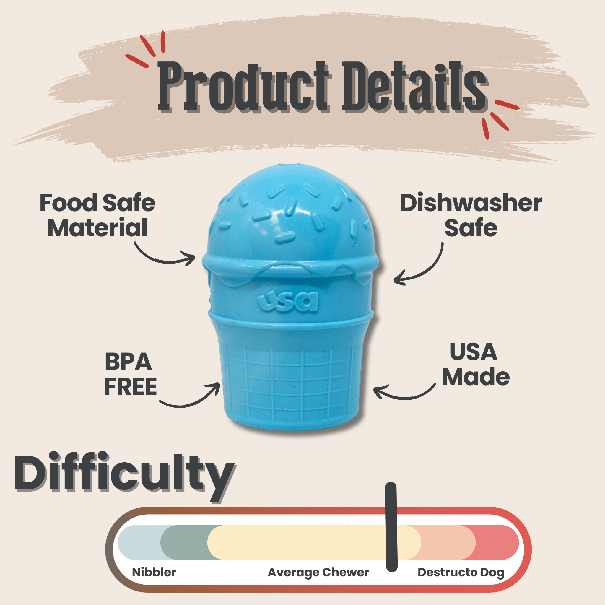 Farmto-pettreats Dog Treat Dispenser Blue ice cream with product details on a beige background.