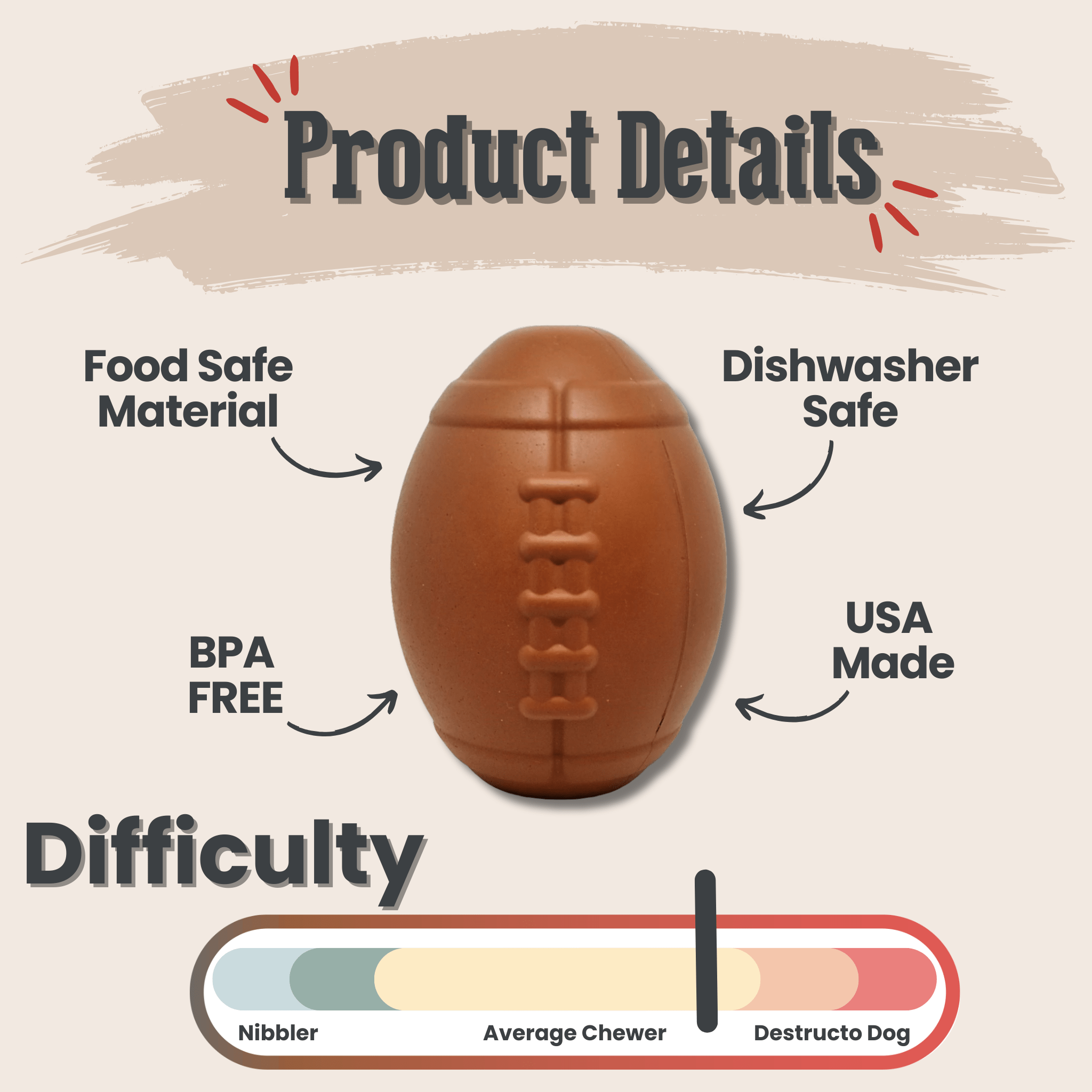 Farmto-pettreats Dog Treat  Dispenser Brown football with product details on a beige background.