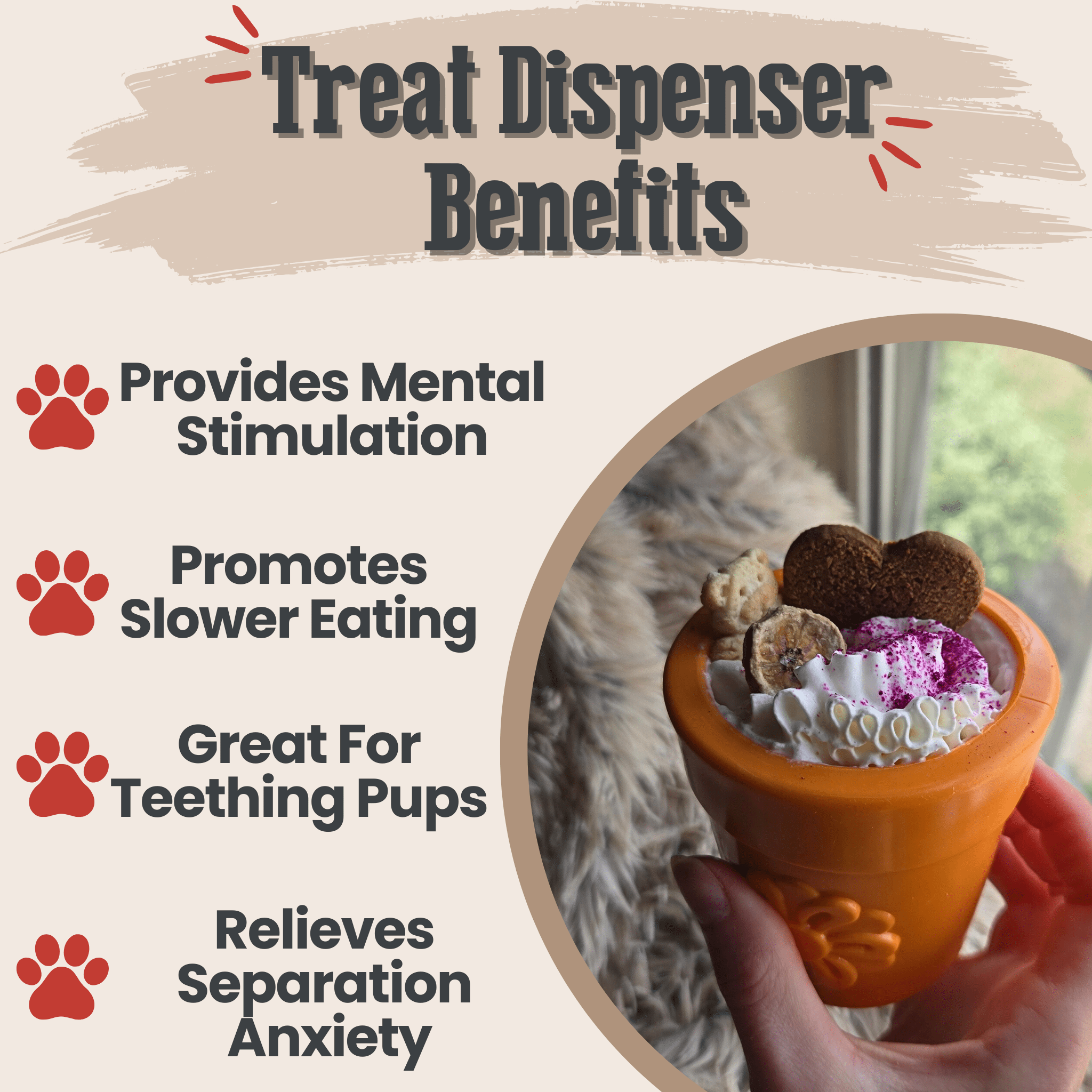 Farmto-pettreats Dog Treat dispenser orange flower pot filled with treats showing the benefits listed on a beige background.