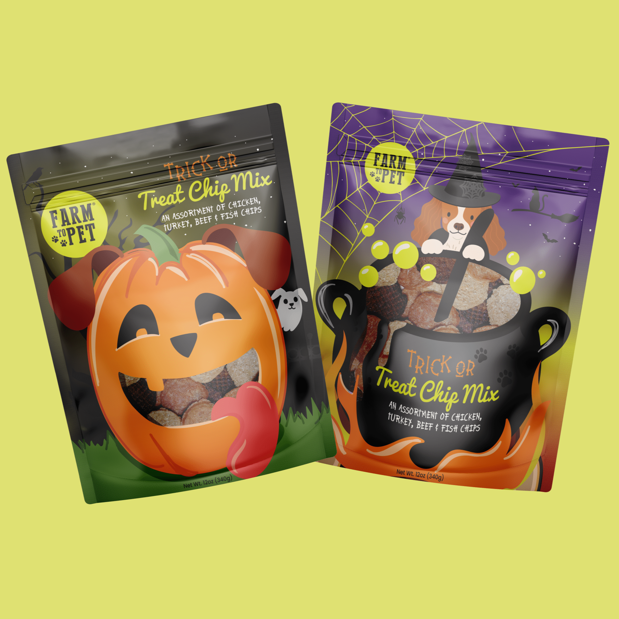 Two 12oz packages of Farmto-pettreats Trick or Treat Chip Mix with Chicken, Turkey, Beef and Fish in a Halloween-themed design bags on a green background. front of bags 