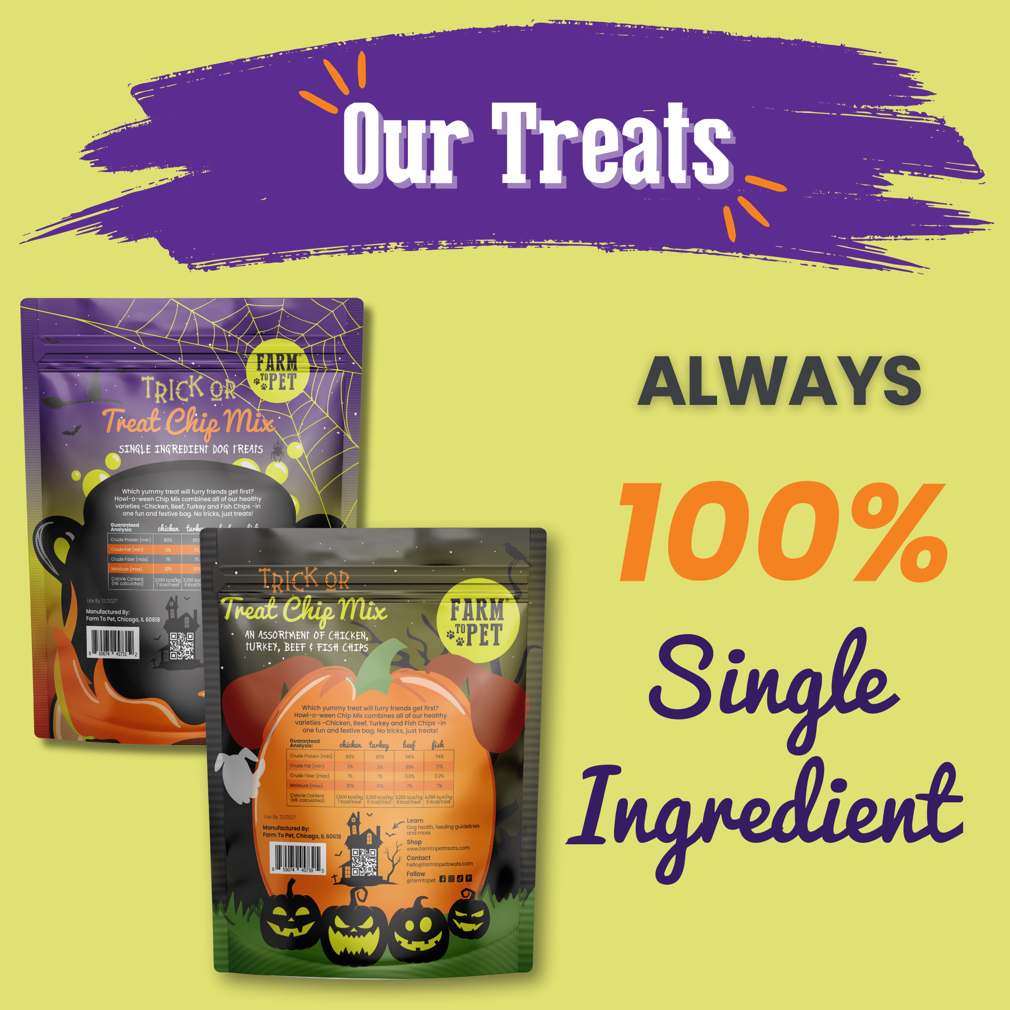 Two 12oz packages of Farmto-pettreats Trick or Treat Chip Mix with Chicken, Turkey, Beef and Fish in a Halloween-themed design bags on a green background.  A Halloween-themed pet treat package with text about 100% single-ingredient treats on a yellow background back of bags 