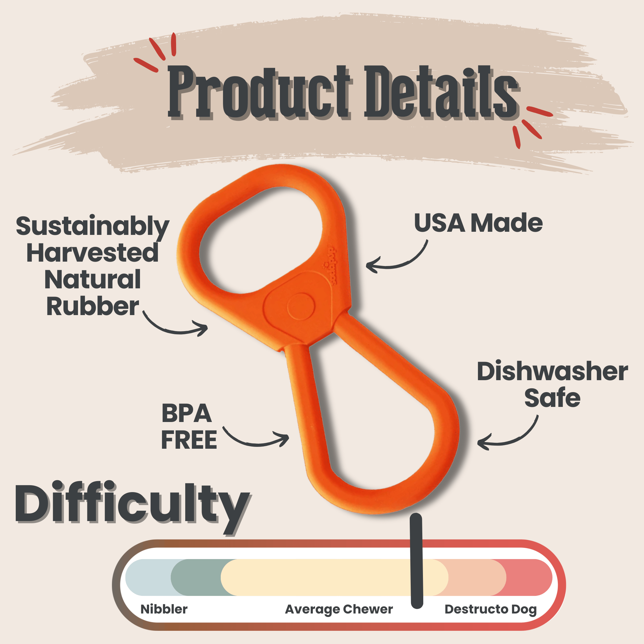 Farmto-pettreats Tug Toy Orange Pop Top tug with product details on a beige background