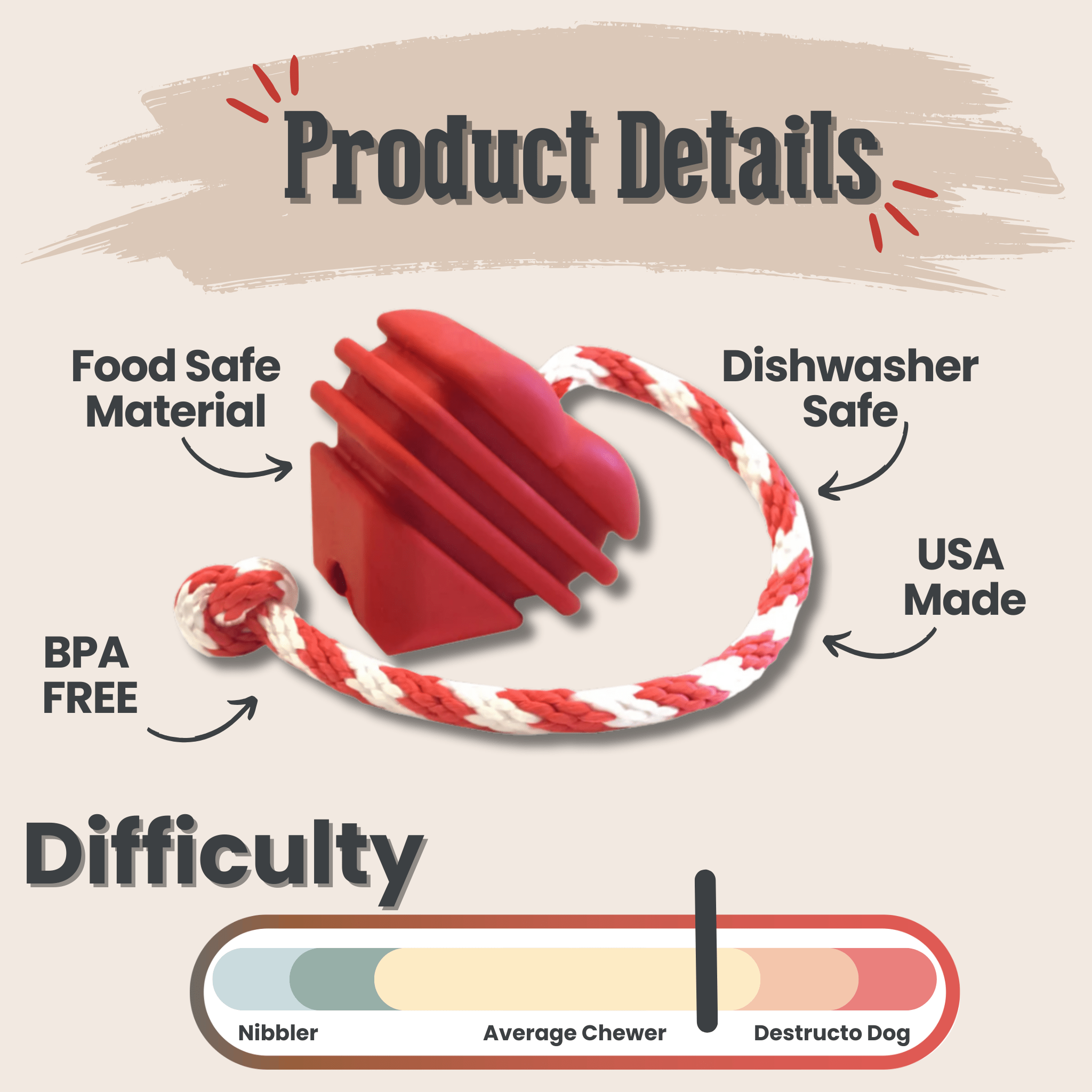 Farmto-pettreats Tug Toys Product Heart on a String  details of a red and white tug toy with text on safety and features.  