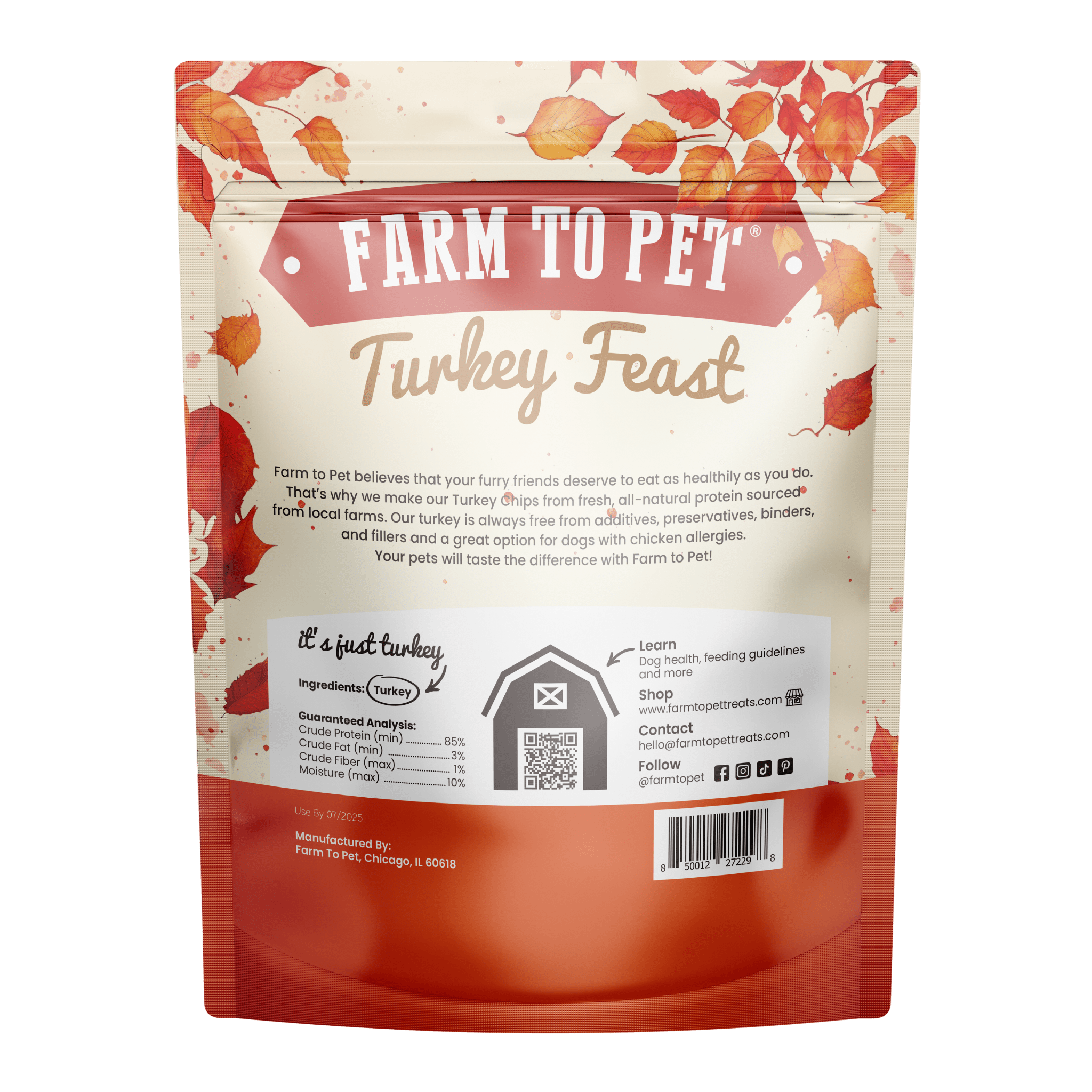 Product picture of the back of a Turkey Feast Chips Holiday Dog Treats Bag with orange and red leaves on a white background.
