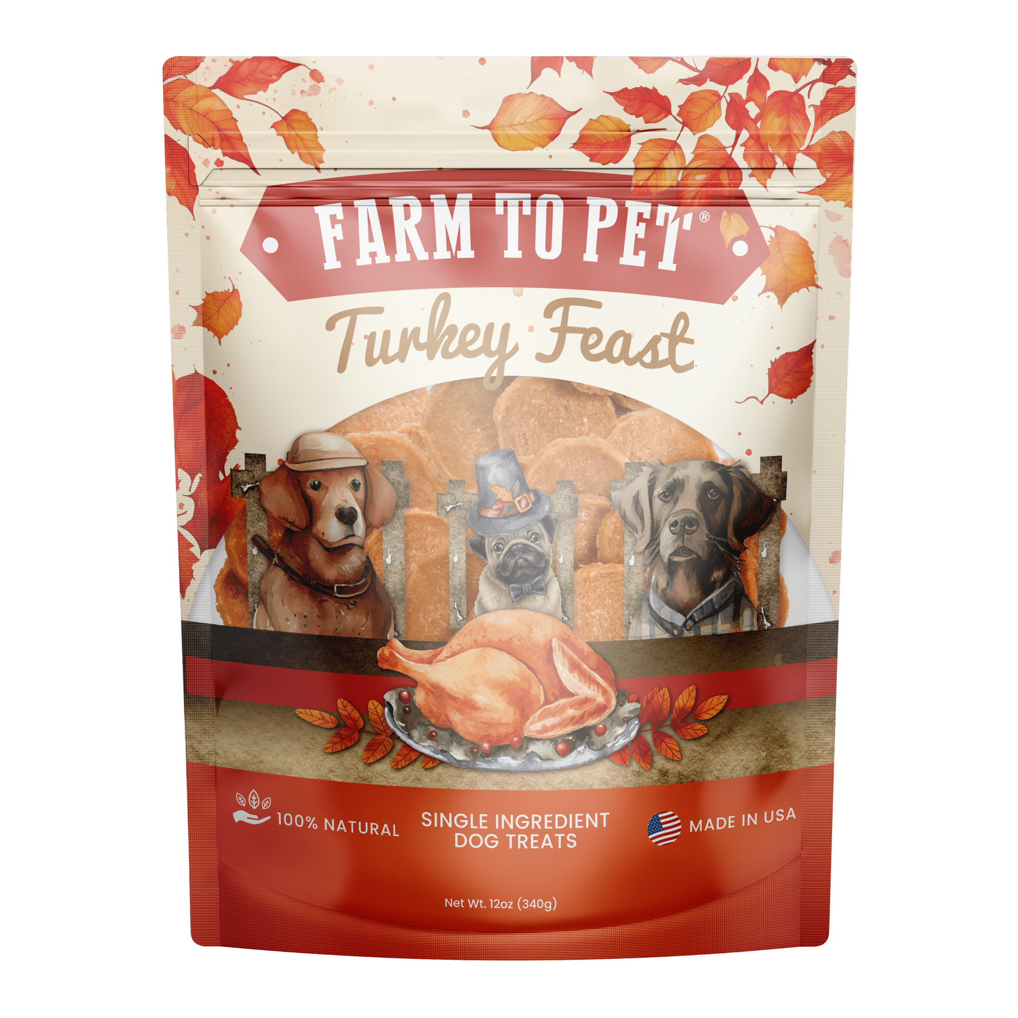 Product picture of Farmto-pettreats Turkey Feast Chips red and orange colors with 3 dogs sitting at a table looking at a turkey on a white background.