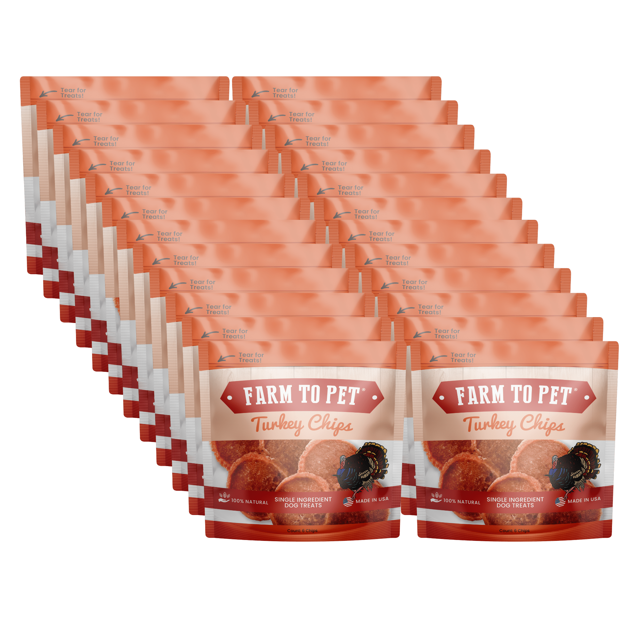 Infographic of Product Picture  24 Farmto-pettreats Turkey Chips Snack Packs on a white back ground. 