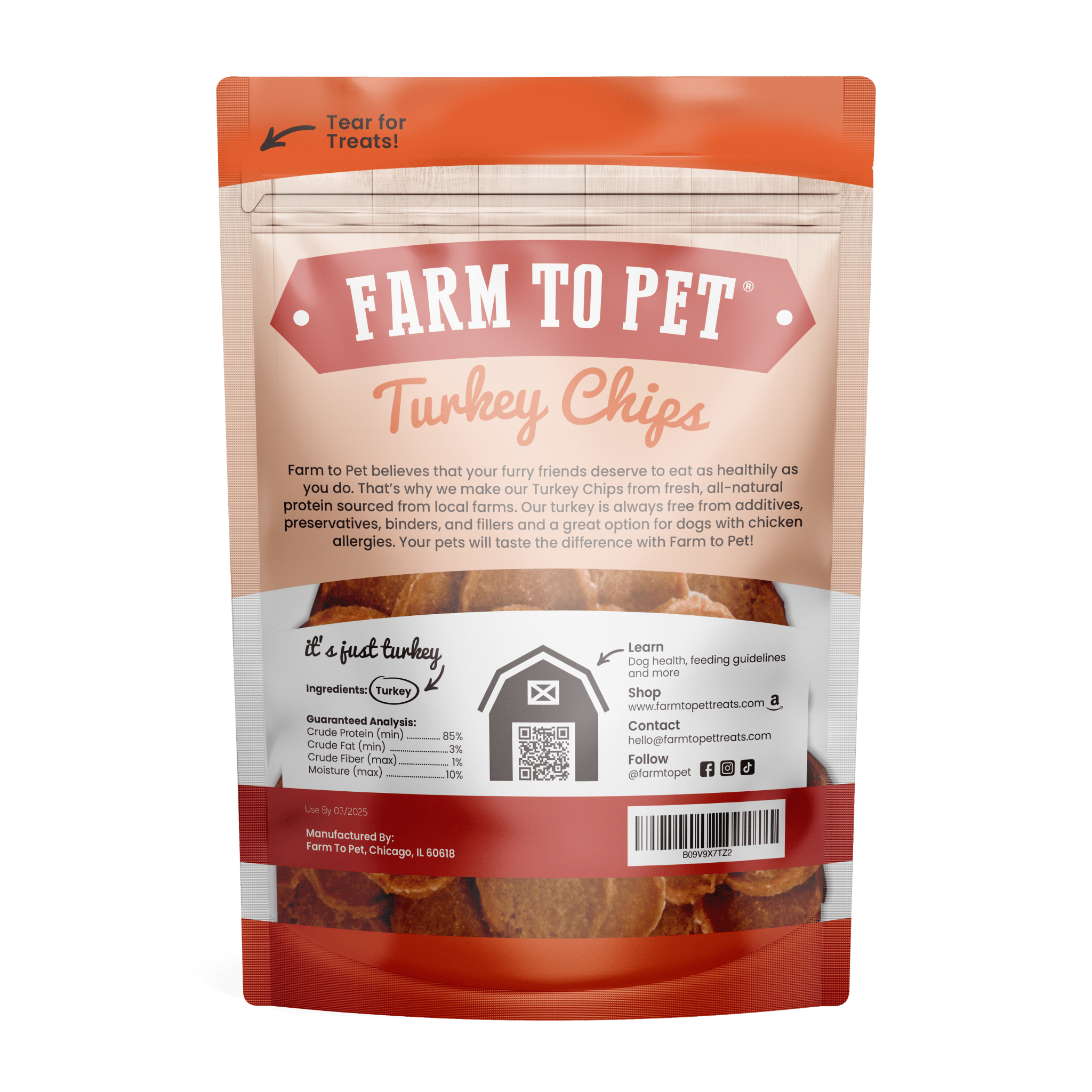 Product picture of the back of Farmto-pettreats Turkey Chips on a white background.