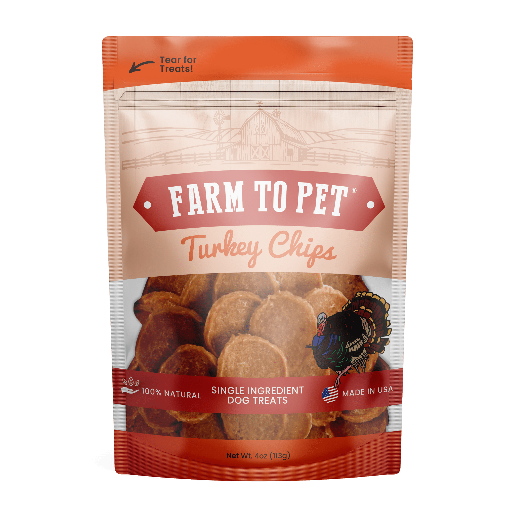 Product picture of the front Farmto-pettreats Turkey Chips on a white background.