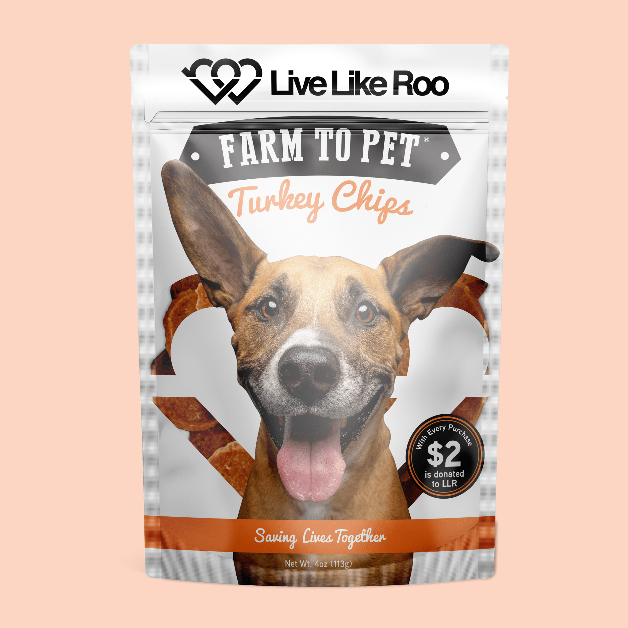 Farmto-pettreats dog food package with a Happy dog's face on the front, featuring the Live Like Roo dog treats that give back.