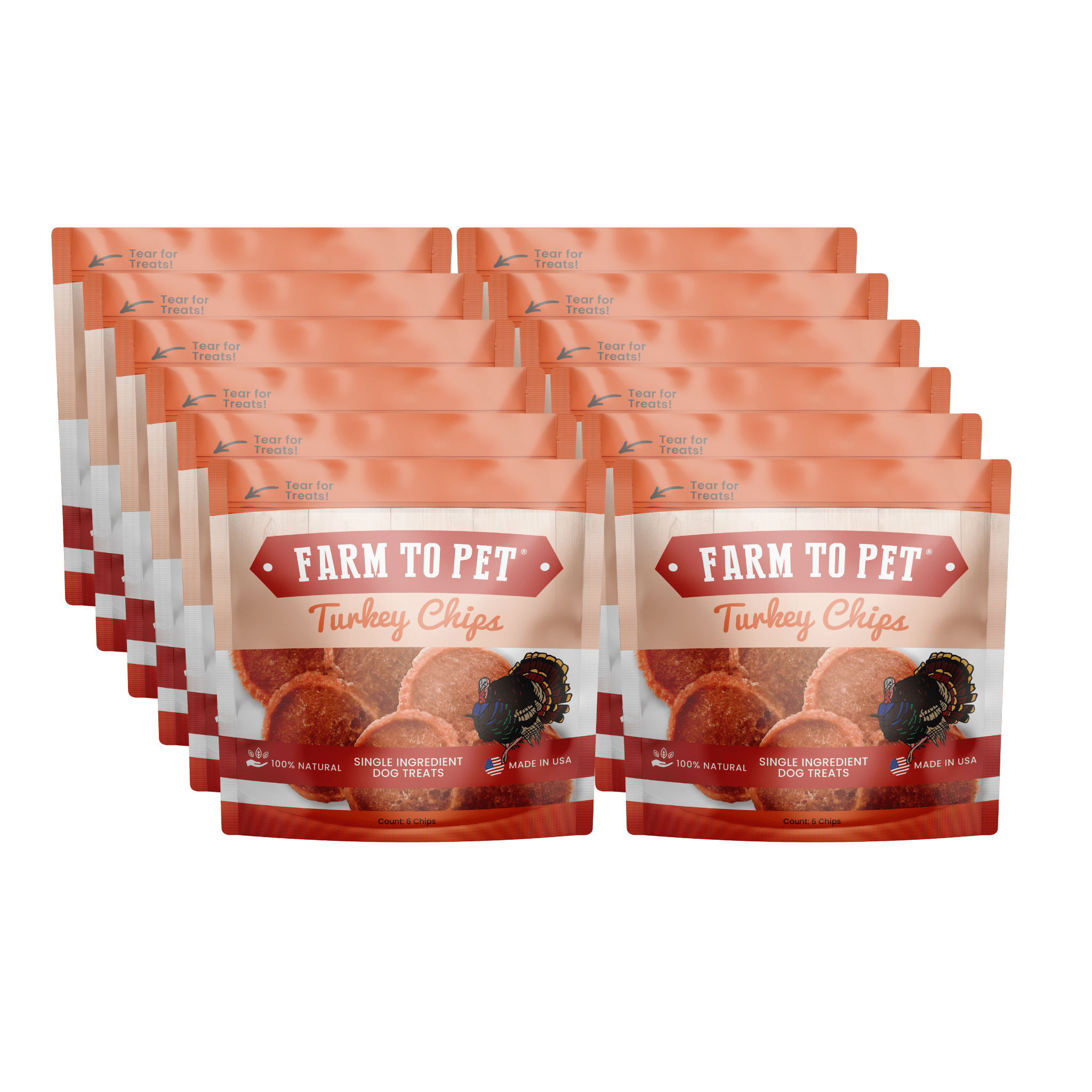 Infographic of 12 Farmto-pettreats Turkey Chips Snack Pack on a white background.