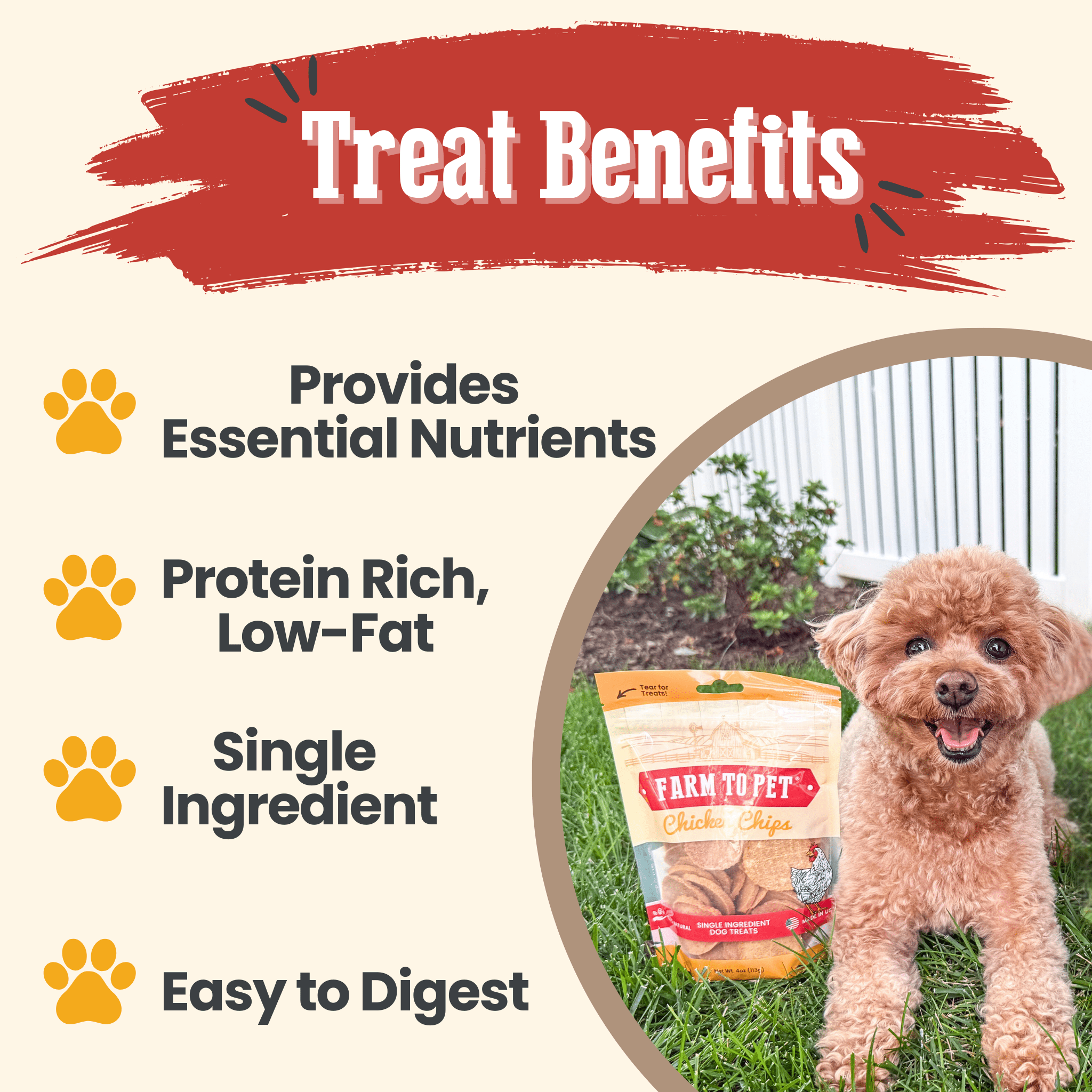 Farmto-pettreats Dog treat packaging with a cute dog and text highlighting benefits on a grassy background