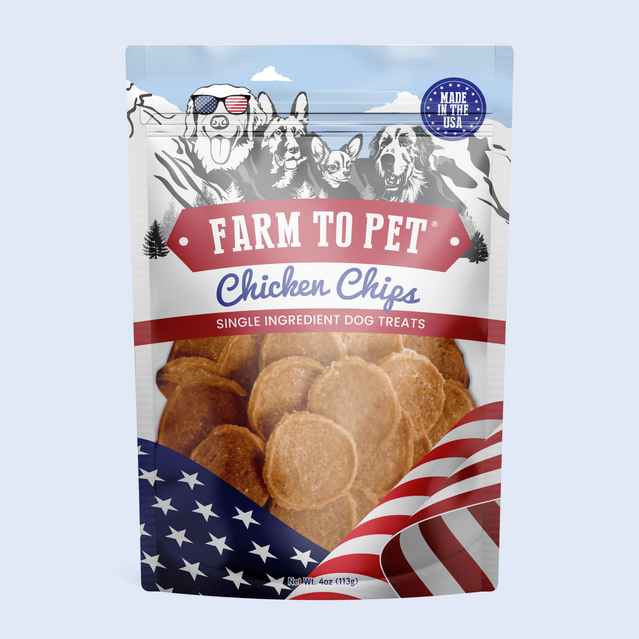 Package of Farmto-pettreats Chicken Chips dog treats with American flag design on a light blue background.