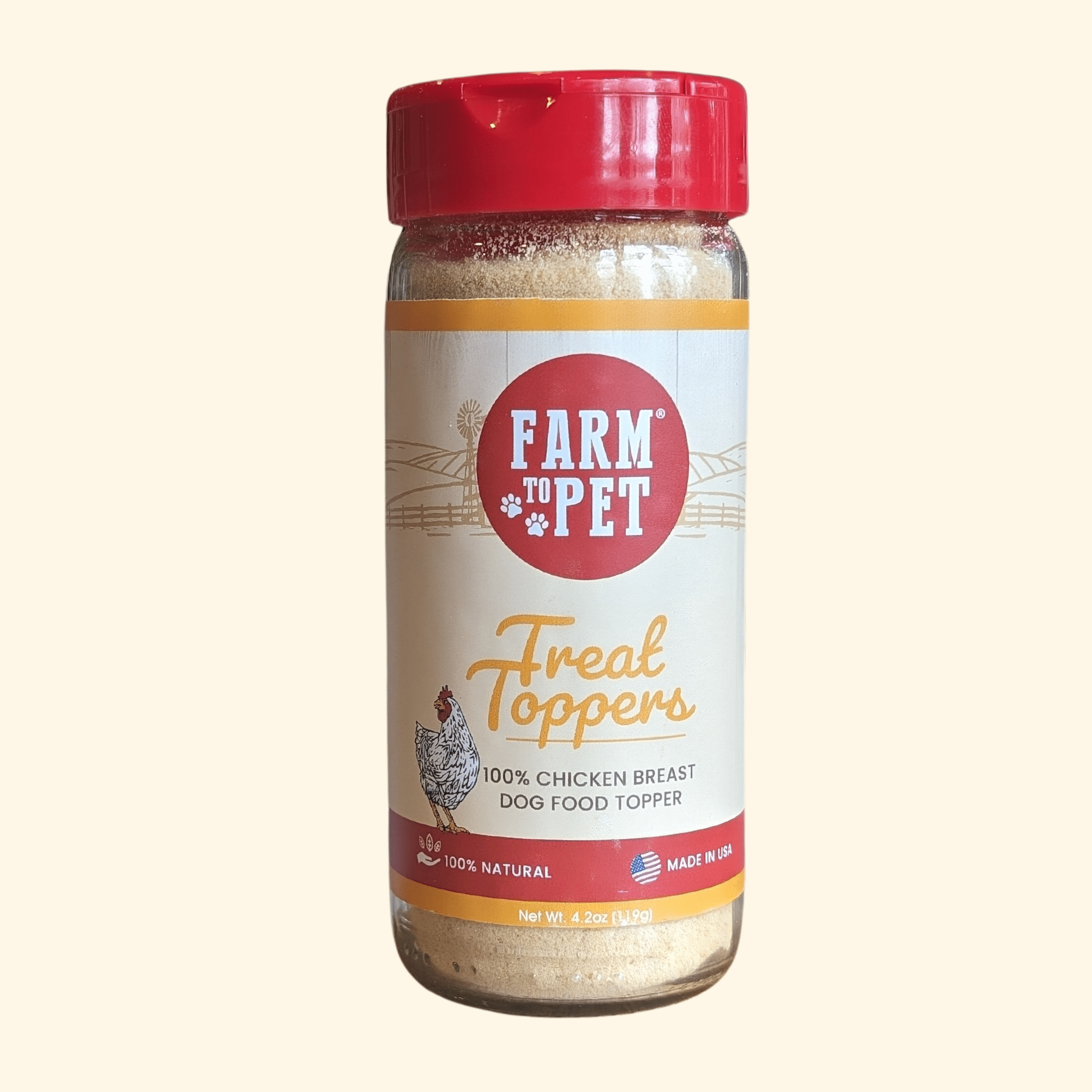 Jar of Farmto-pettreats Treat Toppers dog food topper on a beige background.