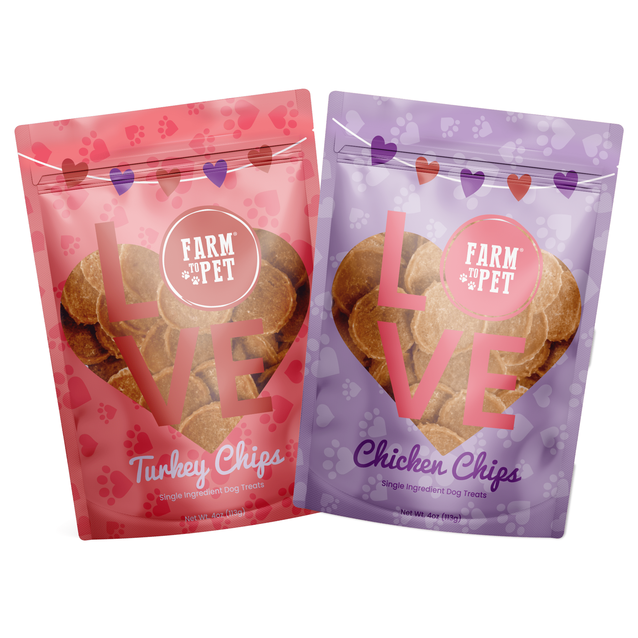 Product Front Picture of Farmto-pettreats Valentine Treat Pink Love Turkey Bag and Purple Love Chicken Chips with white background. 