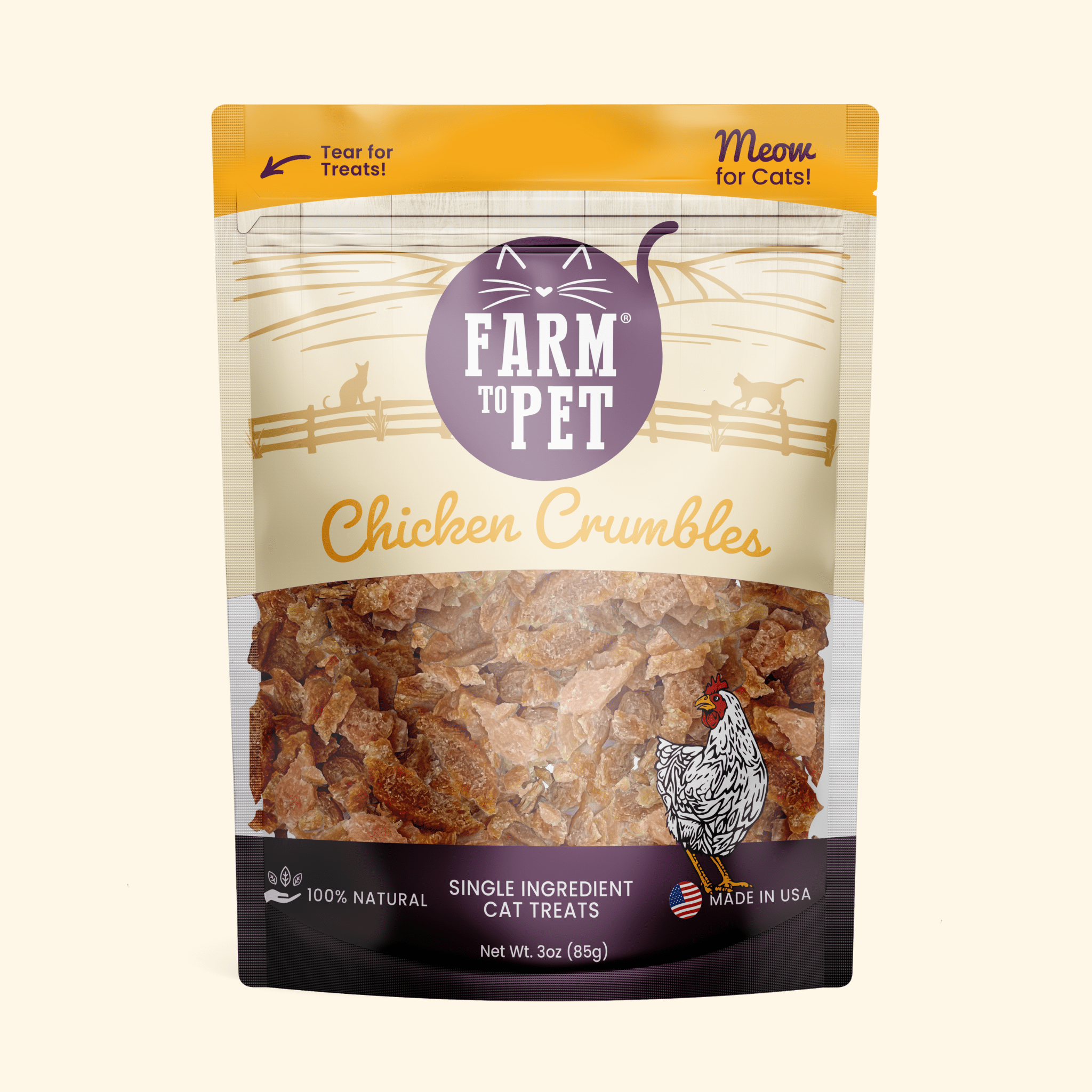 Package of Farmto-pettreats Chicken Crumbles cat treats on a white background