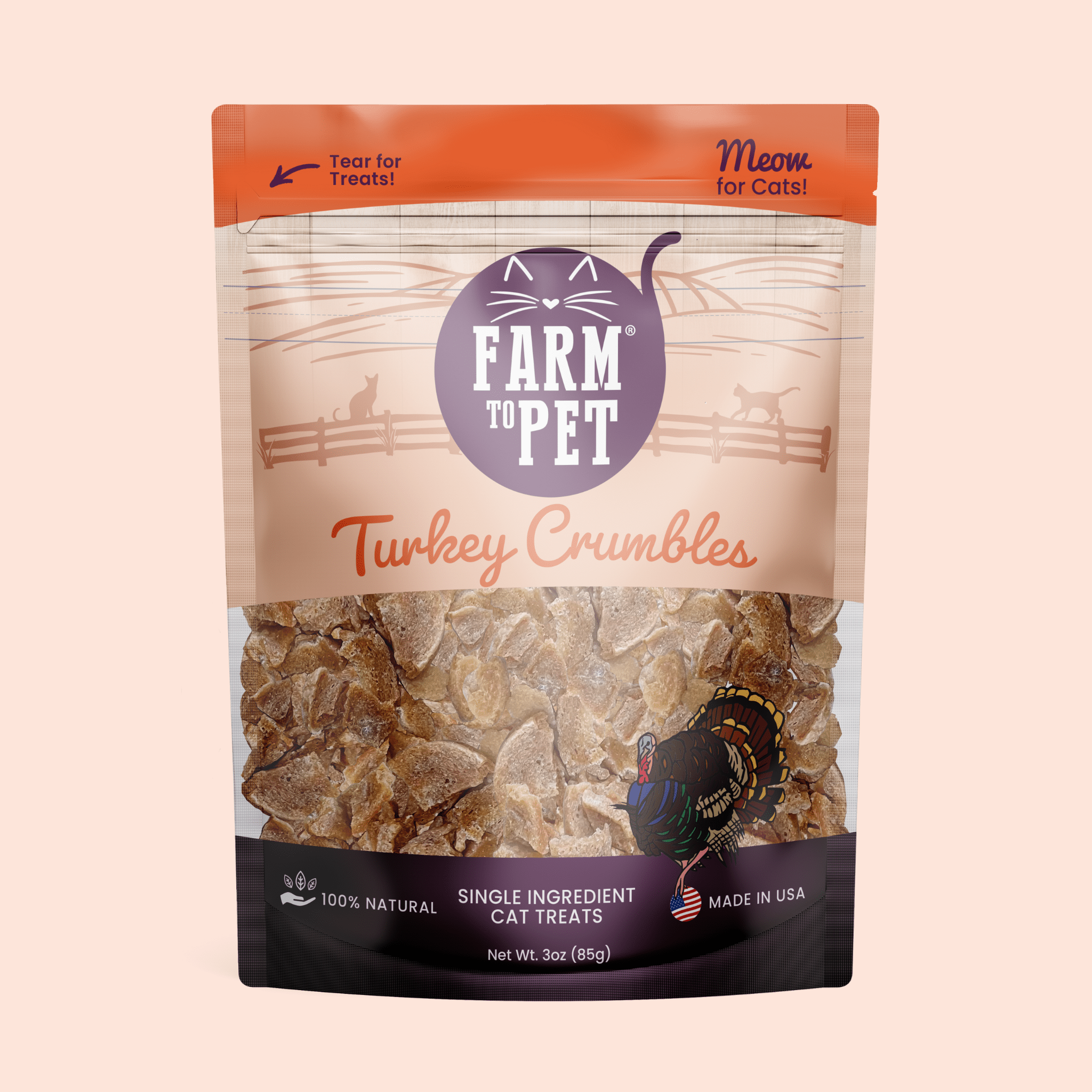 Package of Farmto-pettreats Turkey Crumbles cat treats on a beige background front of bag 