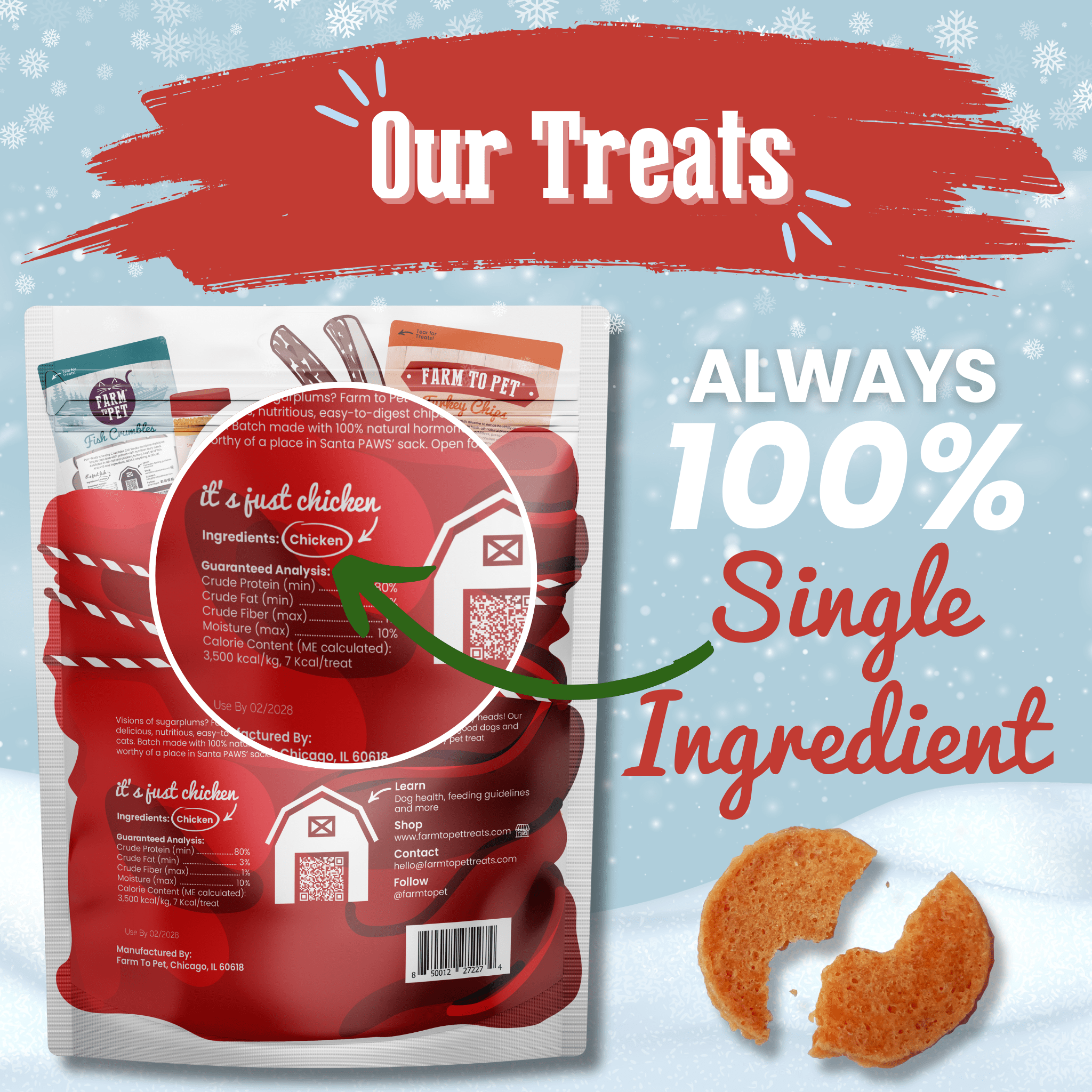 Farmto-pettreats holiday chicken chips package with text 'Our Treats Always 100% Single Ingredient' on a snowy background