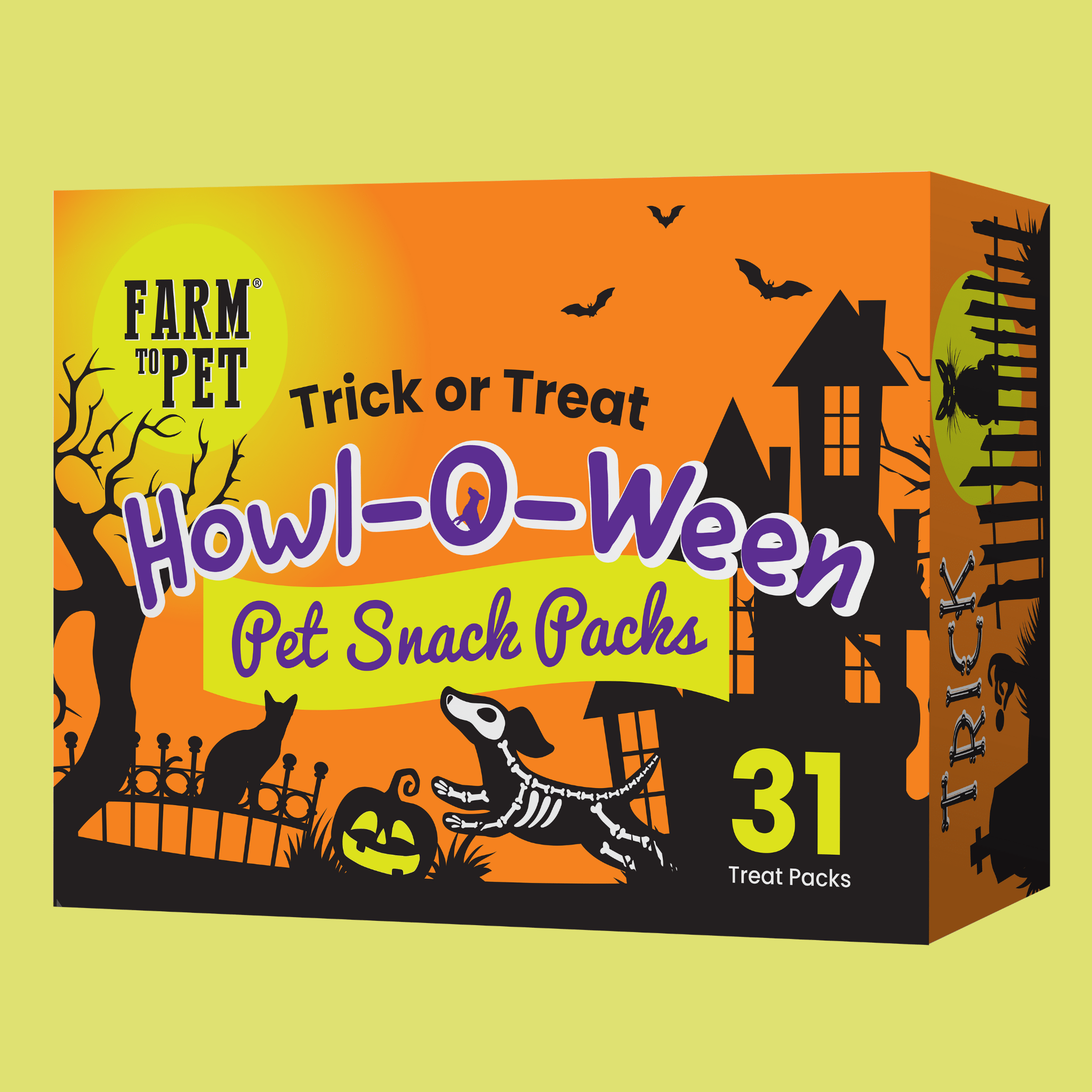 A Farmto-pettreats Halloween-themed pet snack packs box with orange, black, and yellow design. Front 
