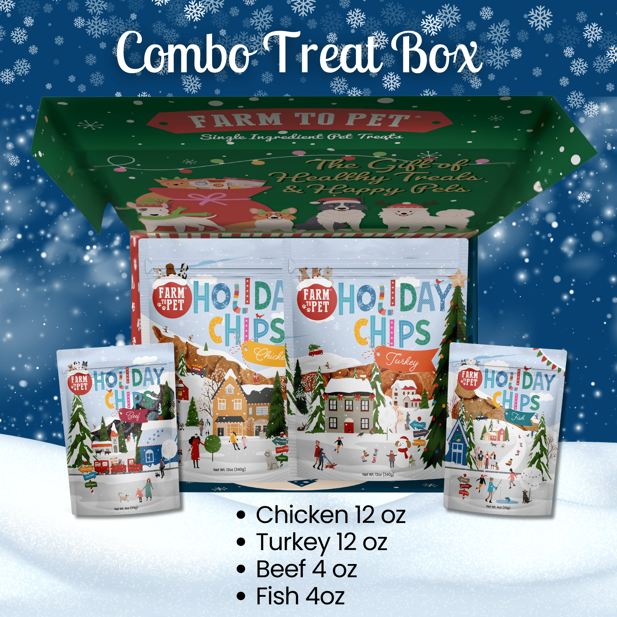 Farmto-pettreats holiday treat box with 'Holiday Chips' packages on a snowy background for dogs.