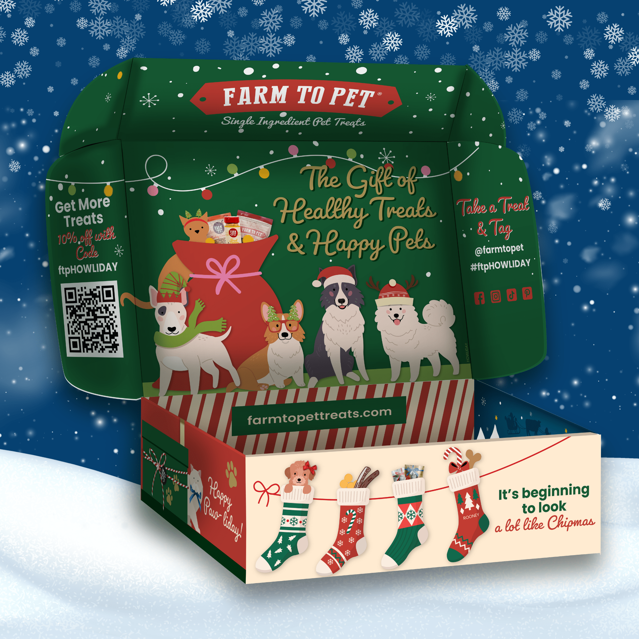 Christmas-themed packaging for Farmto-pettreats dog treats with festive designs and text.