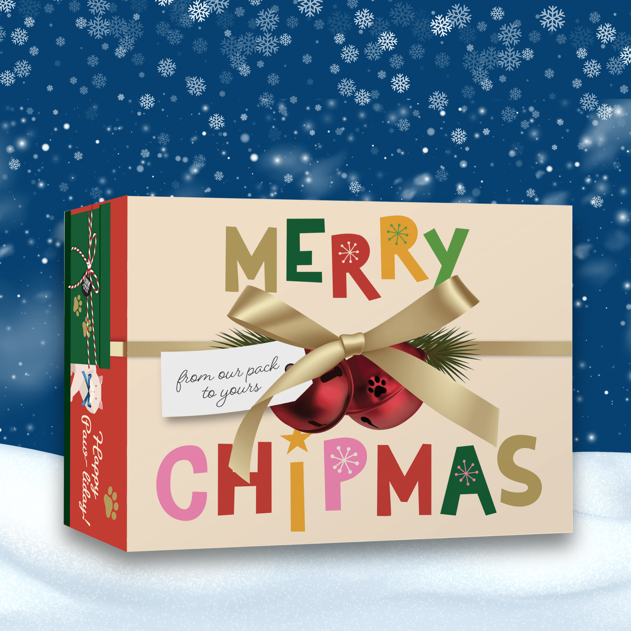 Christmas gift box from Farmto-pettreats with colorful text and a bow against a snowy background for dog gifts.