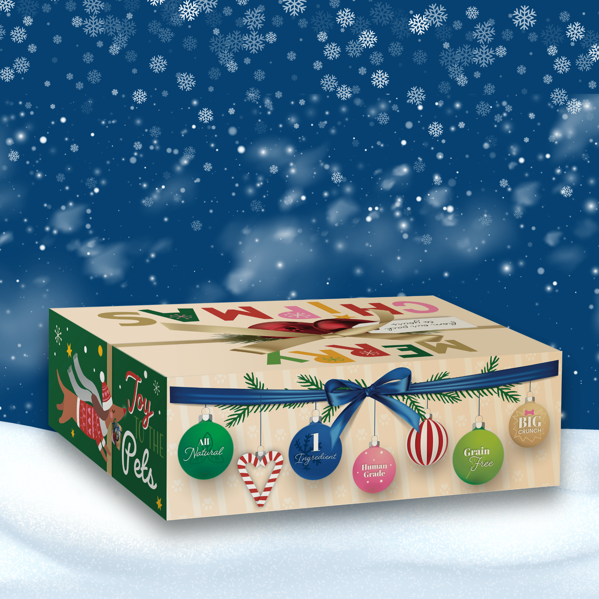 Farmto-pettreats gift box with festive design on a snowy background for dogs.