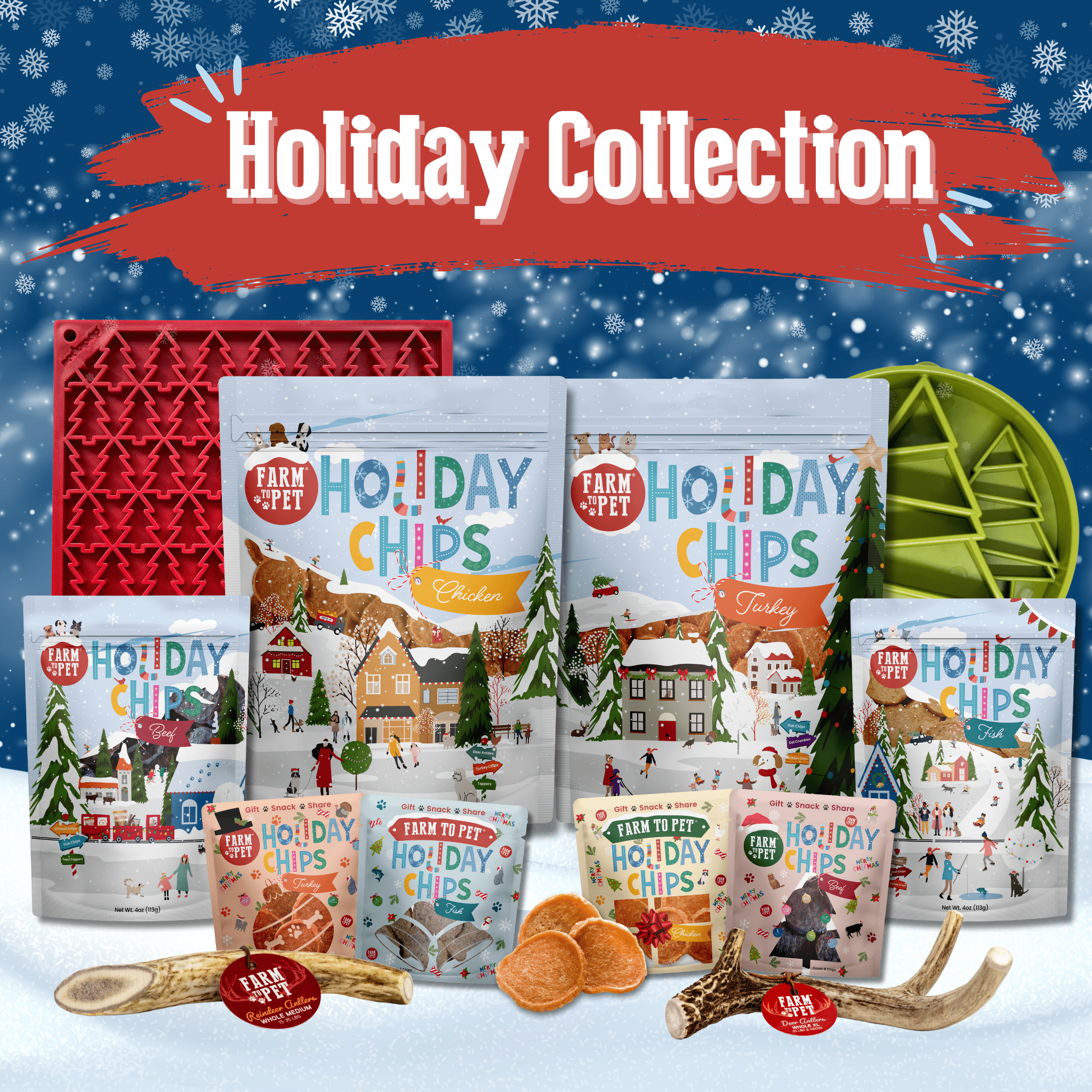 Collection of 'Holiday Chips' packages with festive designs on a snowy background from Farmto-pettreats.