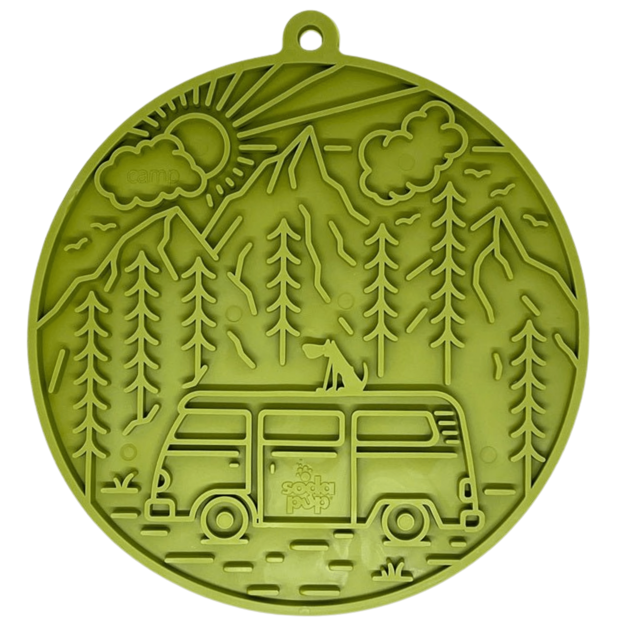 A product picture Farmto-pettreats and Sodapup Green Lick Mat with trees, sun, mountains and camper with dog on top. 