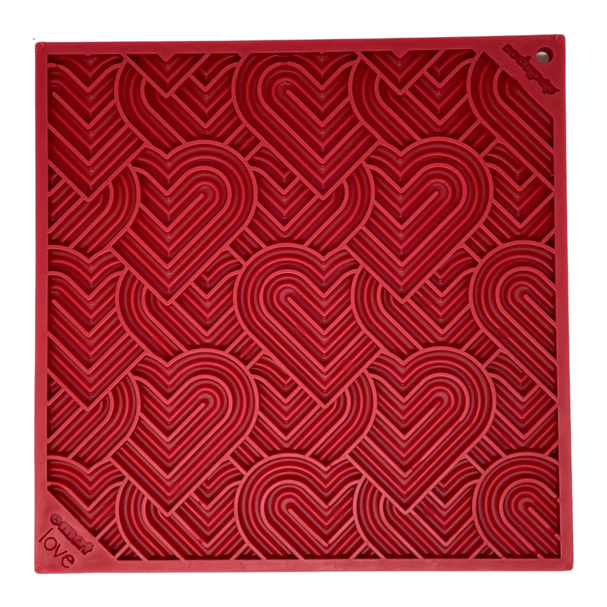 Product picture of a Farmto-pettreats and Sodapup Heart Lickmat  red with heart designs.