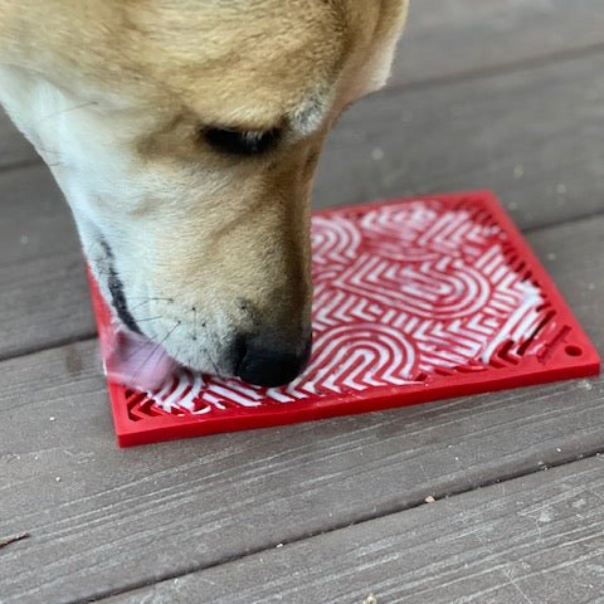 A Brown dog licking a Farmto-pettreats 
Red Heart Lickmat filled with white yogurt.